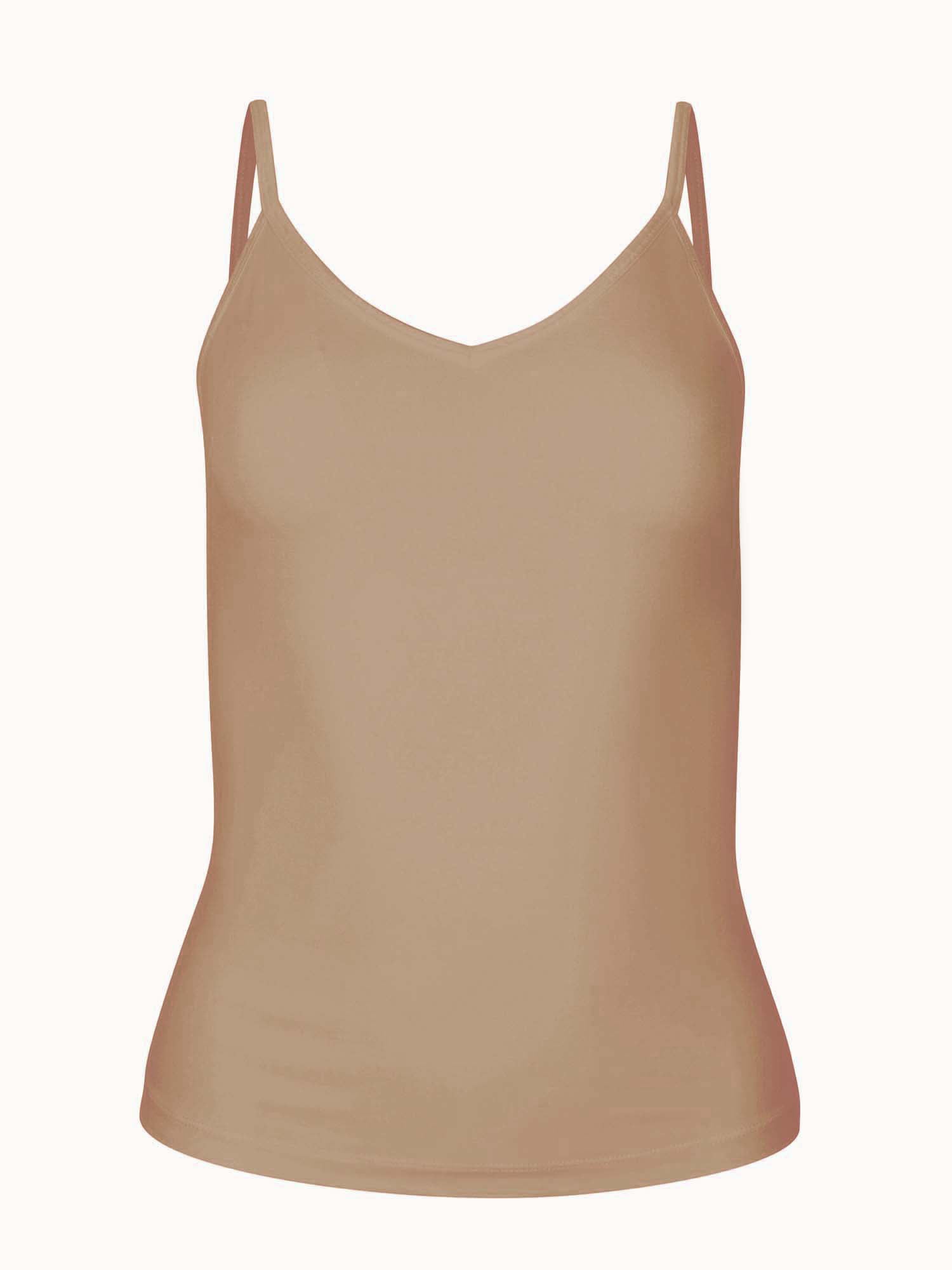 caramel brown layering singlet with camisole straps, v neckline and fitted body, women's bamboo clothing