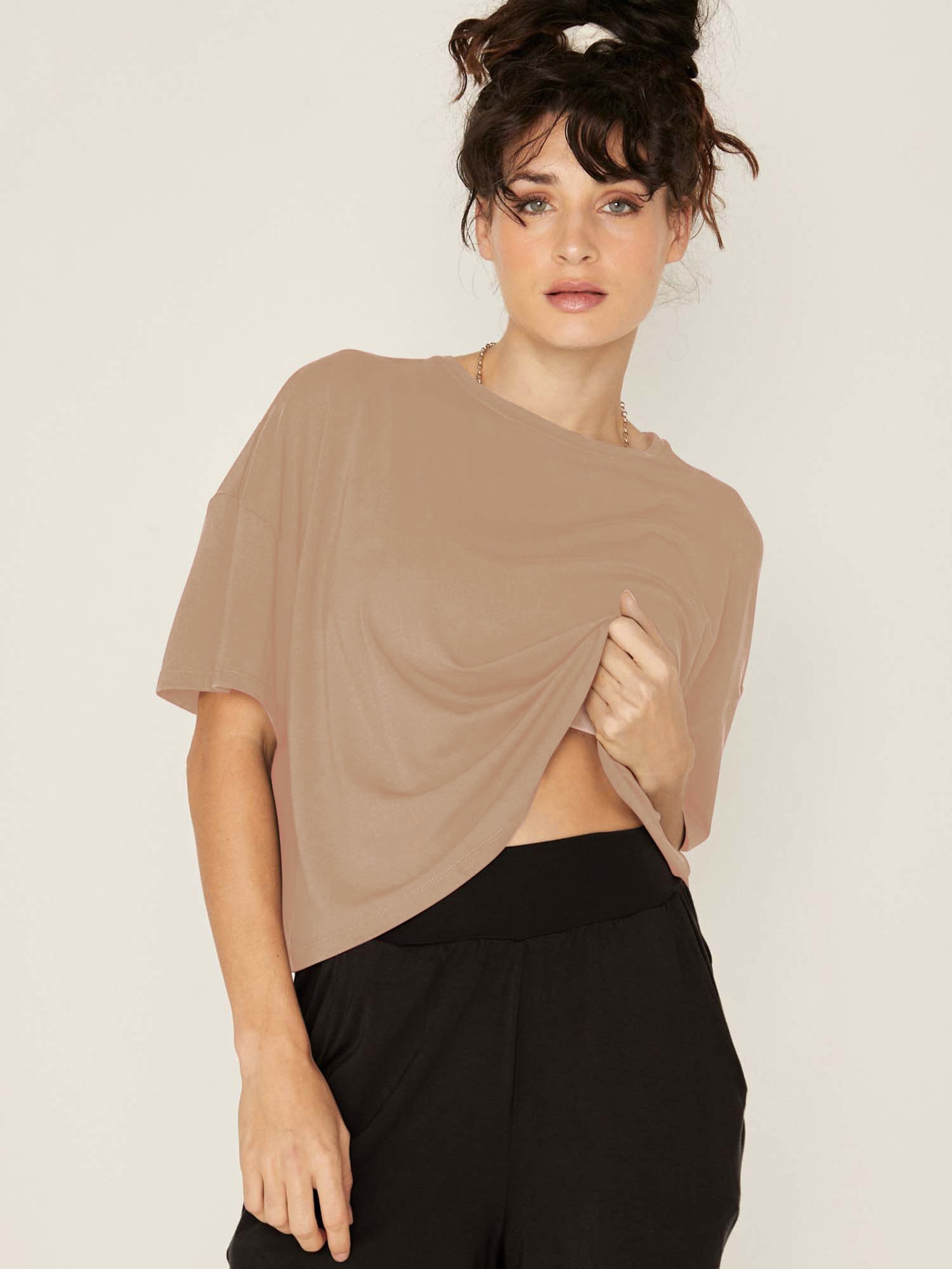 Model wears Bamboo Caramel Lounge Tee with Bamboo Shorts