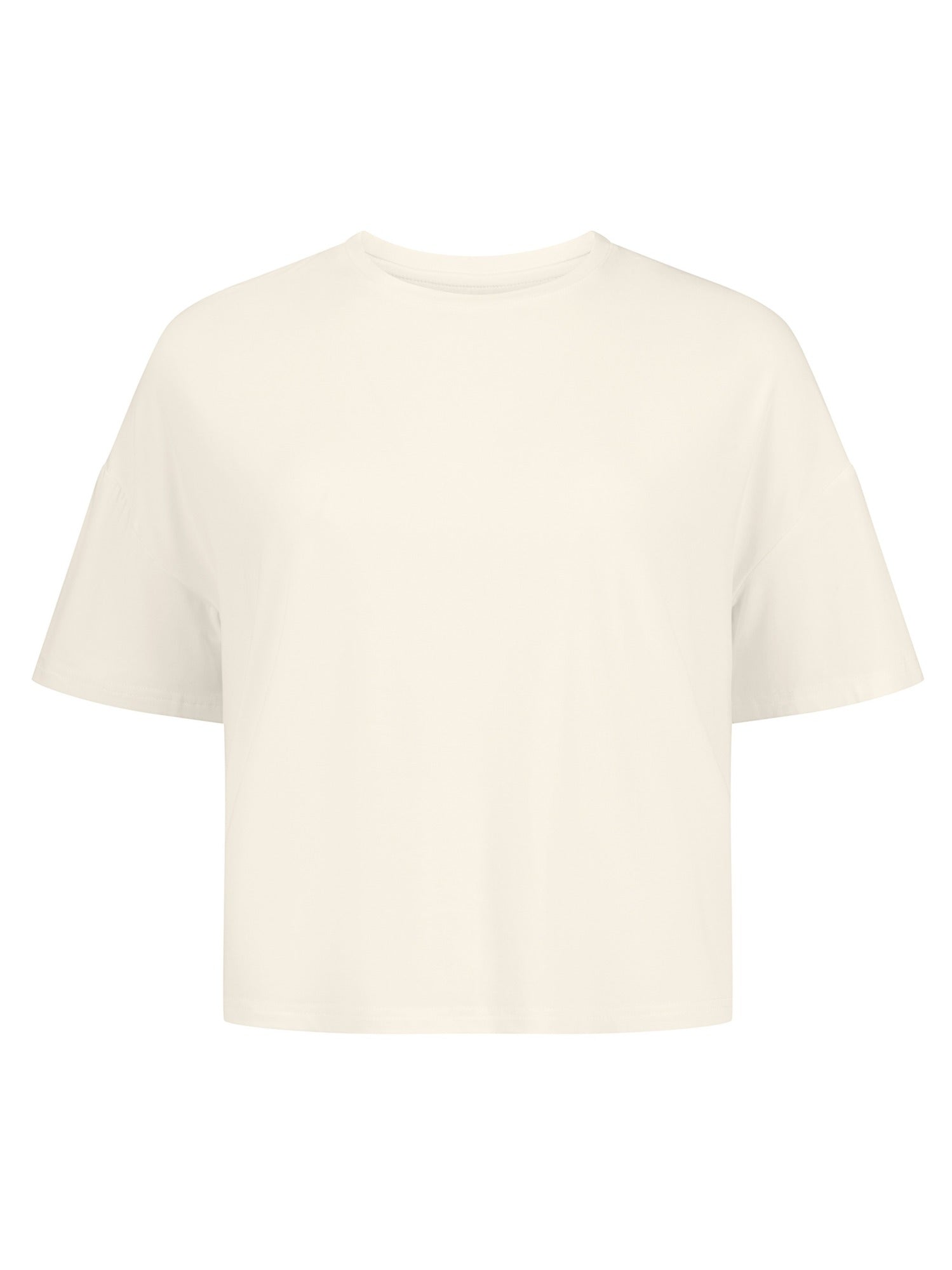 Cream cropped boxy t-shirt, crew neckline, relaxed short sleeve and drop shoulder, women's bamboo clothing