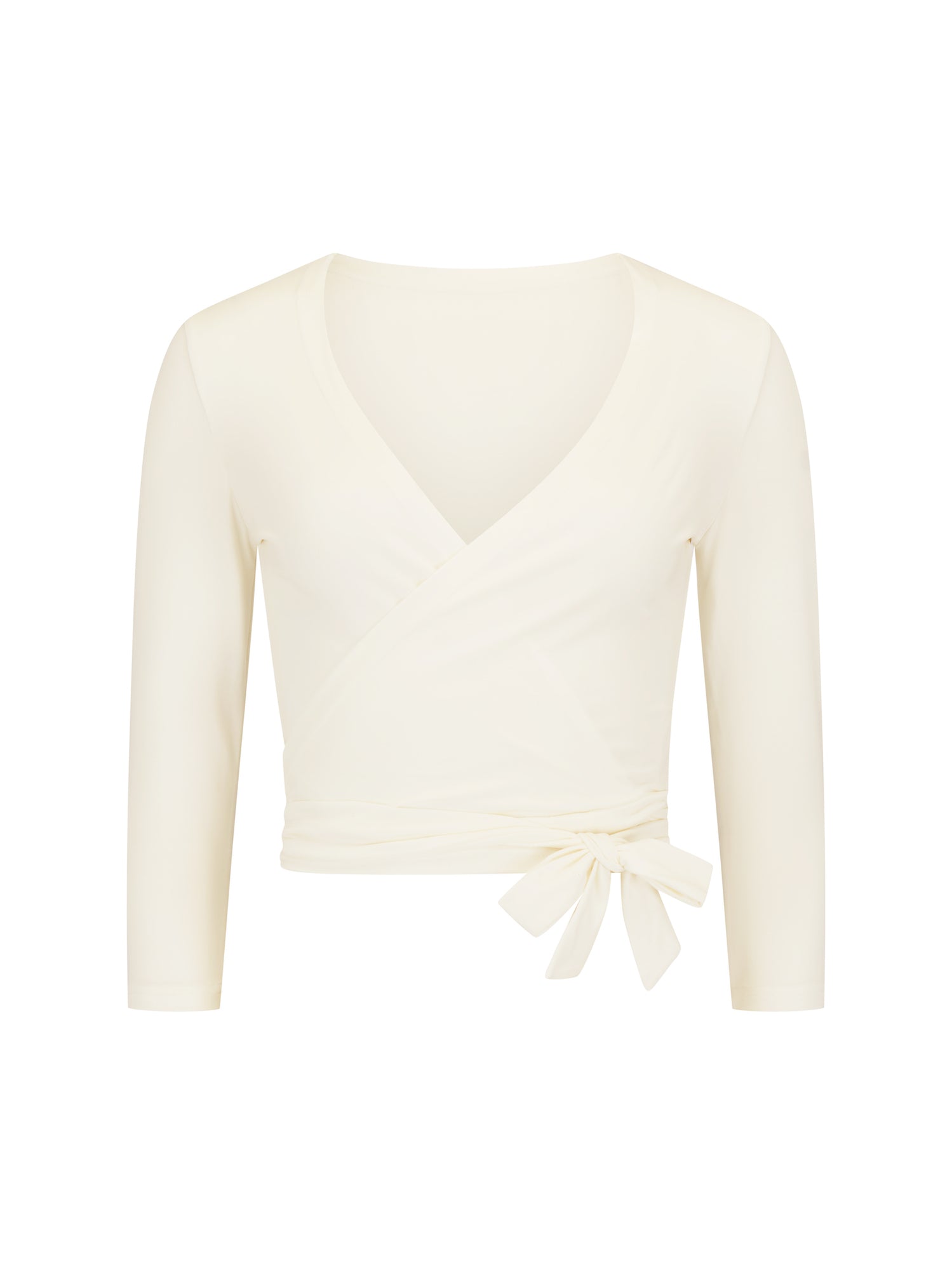 cream wrap around style ballet wrap top with plunge neckline and fitted 3/4 sleeves, women's bamboo clothing