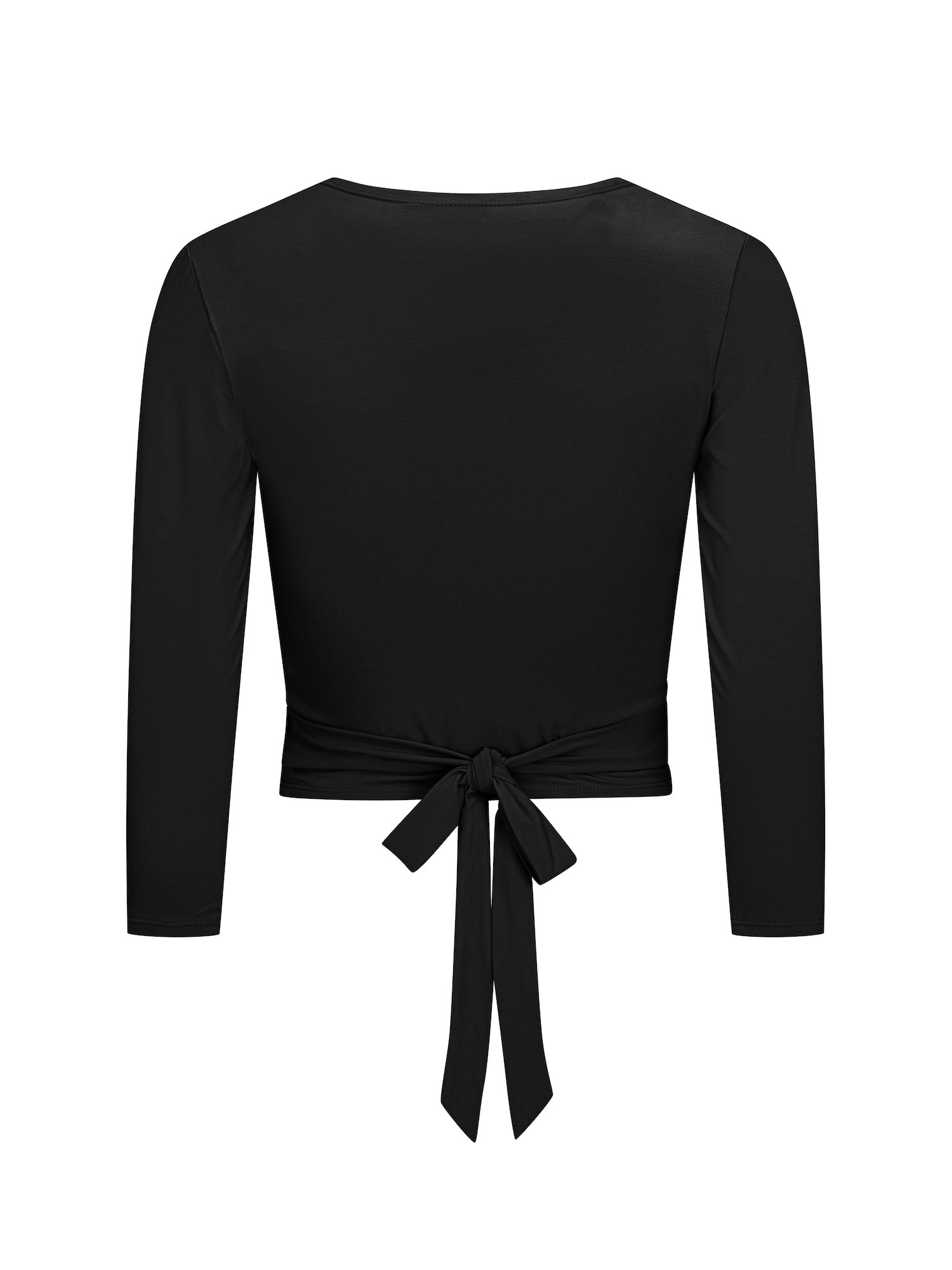 black ballet wrap cardigan with plunge neckline and fitted 3/4 sleeves and tie detail, women's bamboo clothing