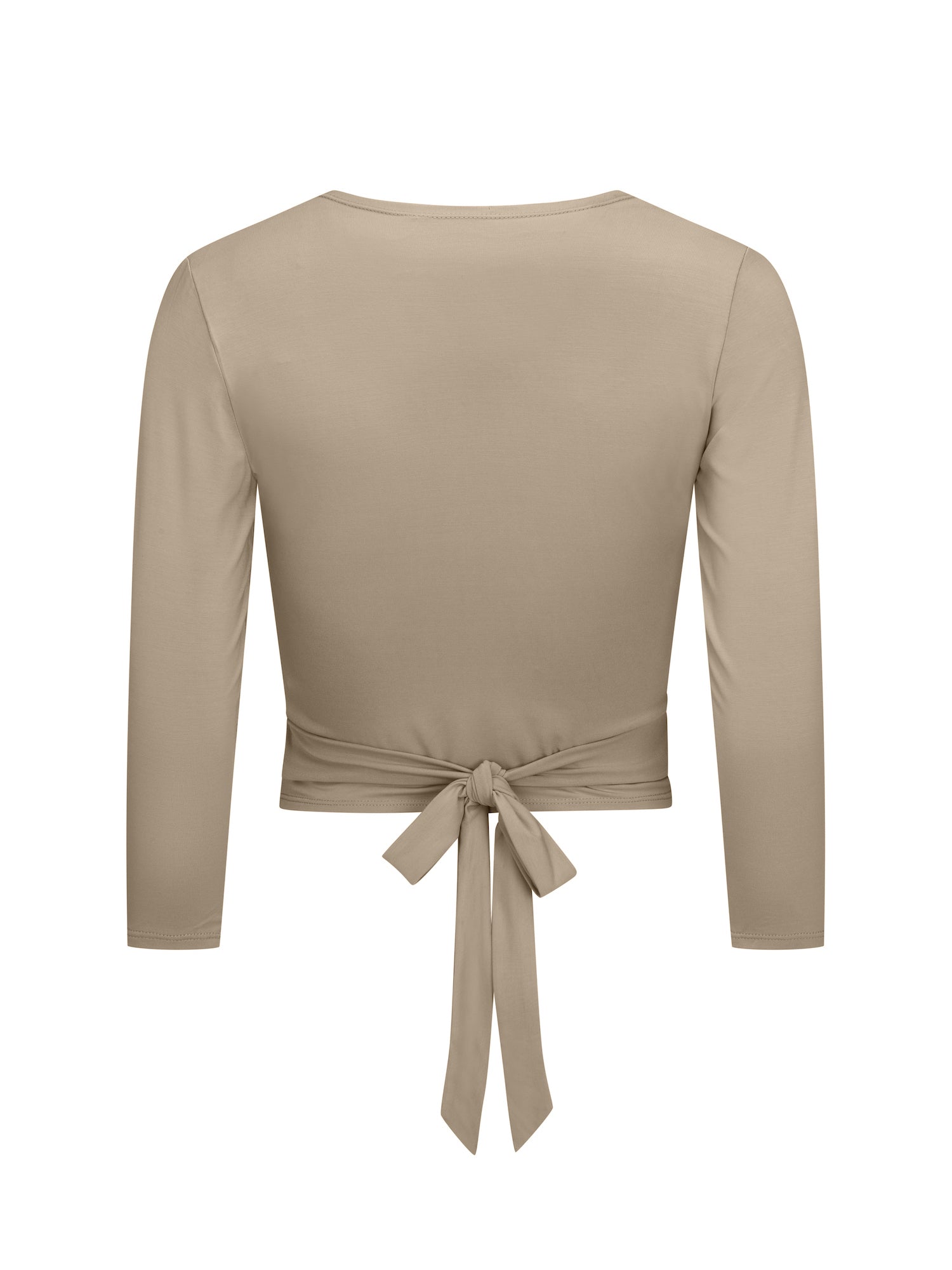 caramel nude beige ballet wrap cardigan with plunge neckline and fitted 3/4 sleeves and tie detail, women's bamboo clothing
