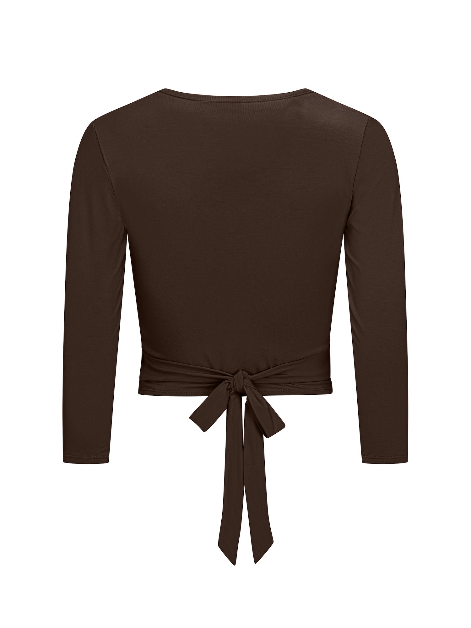 cocoa brown ballet wrap cardigan with plunge neckline and fitted 3/4 sleeves and tie detail, women's bamboo clothing