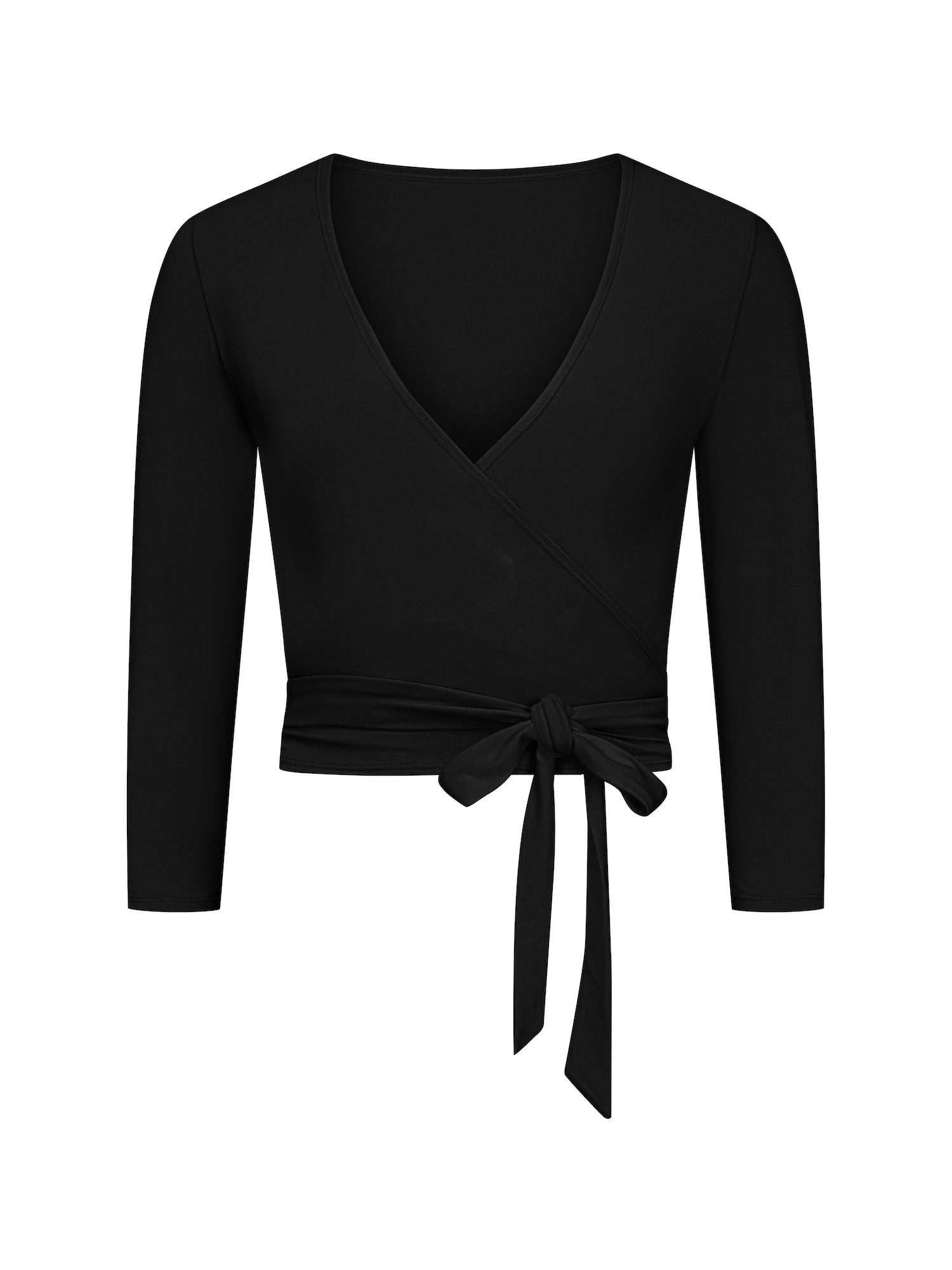 black ballet wrap cardigan with plunge neckline and fitted 3/4 sleeves and tie detail, women's bamboo clothing