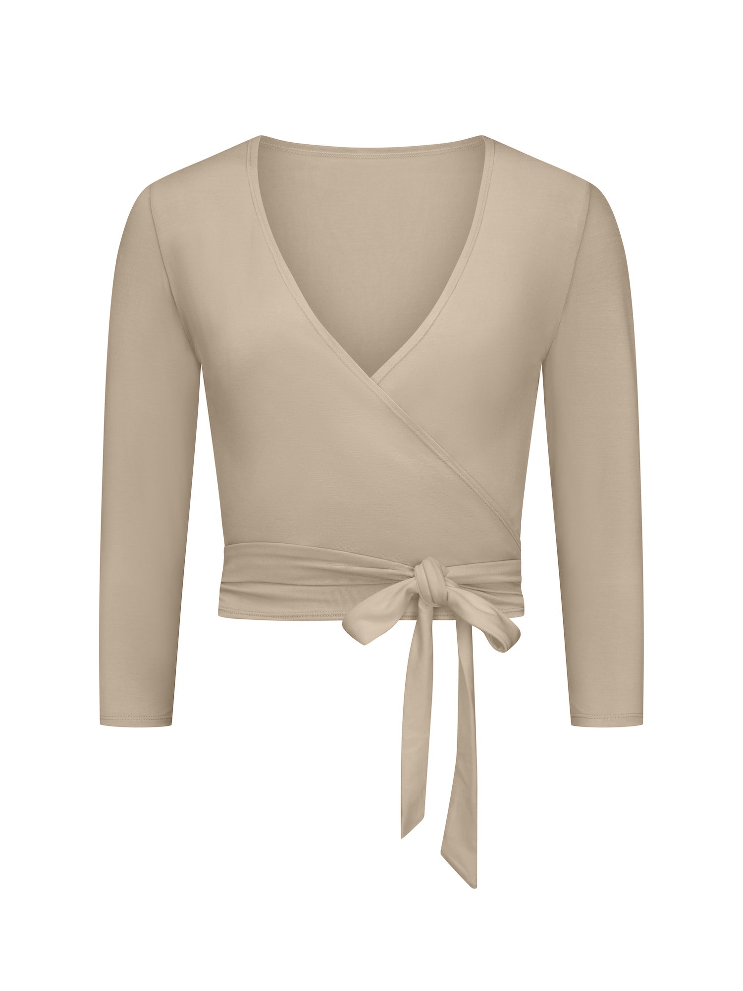 caramel nude beige ballet wrap cardigan with plunge neckline and fitted 3/4 sleeves and tie detail, women's bamboo clothing