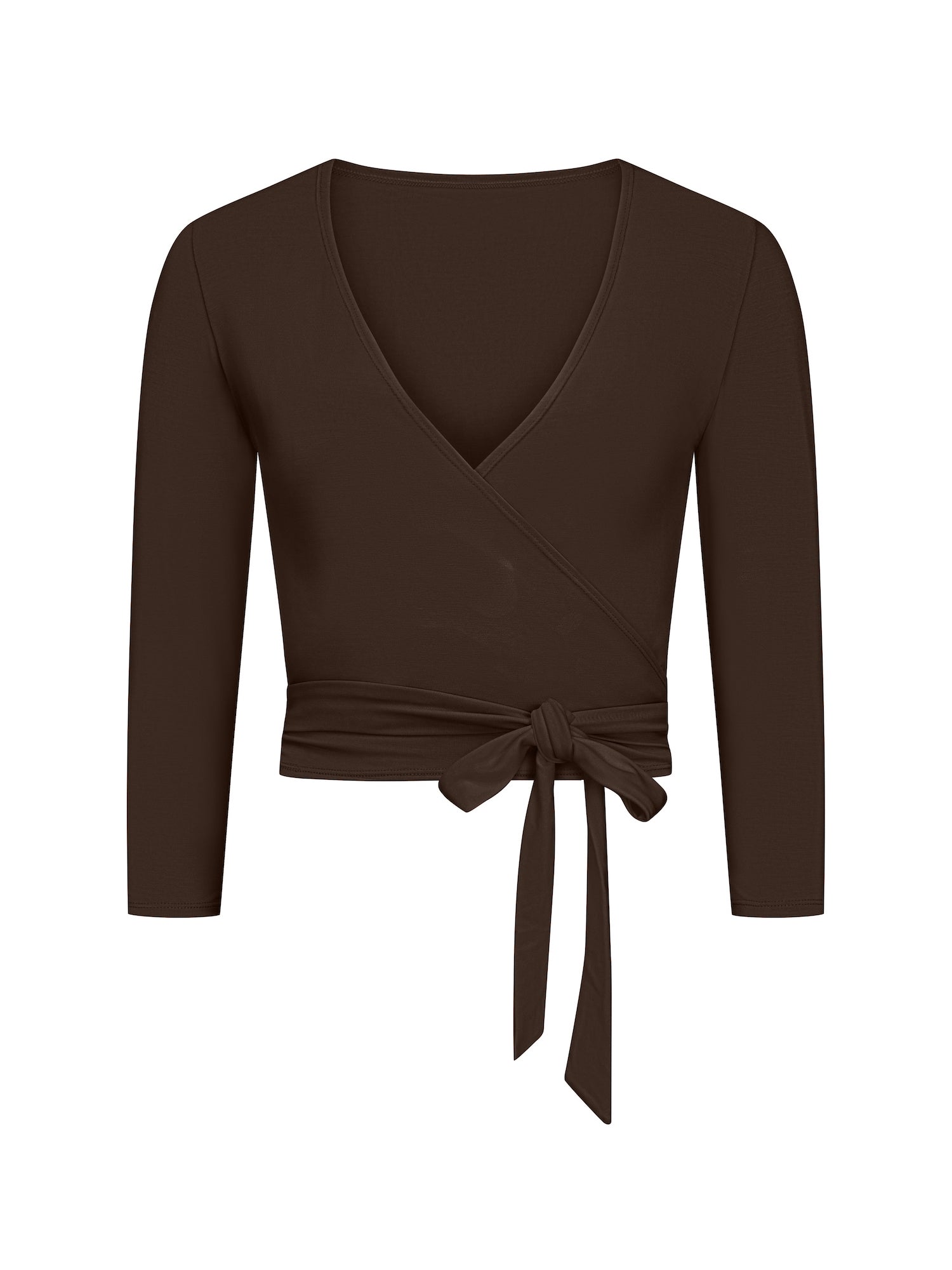 cocoa brown ballet wrap cardigan with plunge neckline and fitted 3/4 sleeves and tie detail, women's bamboo clothing