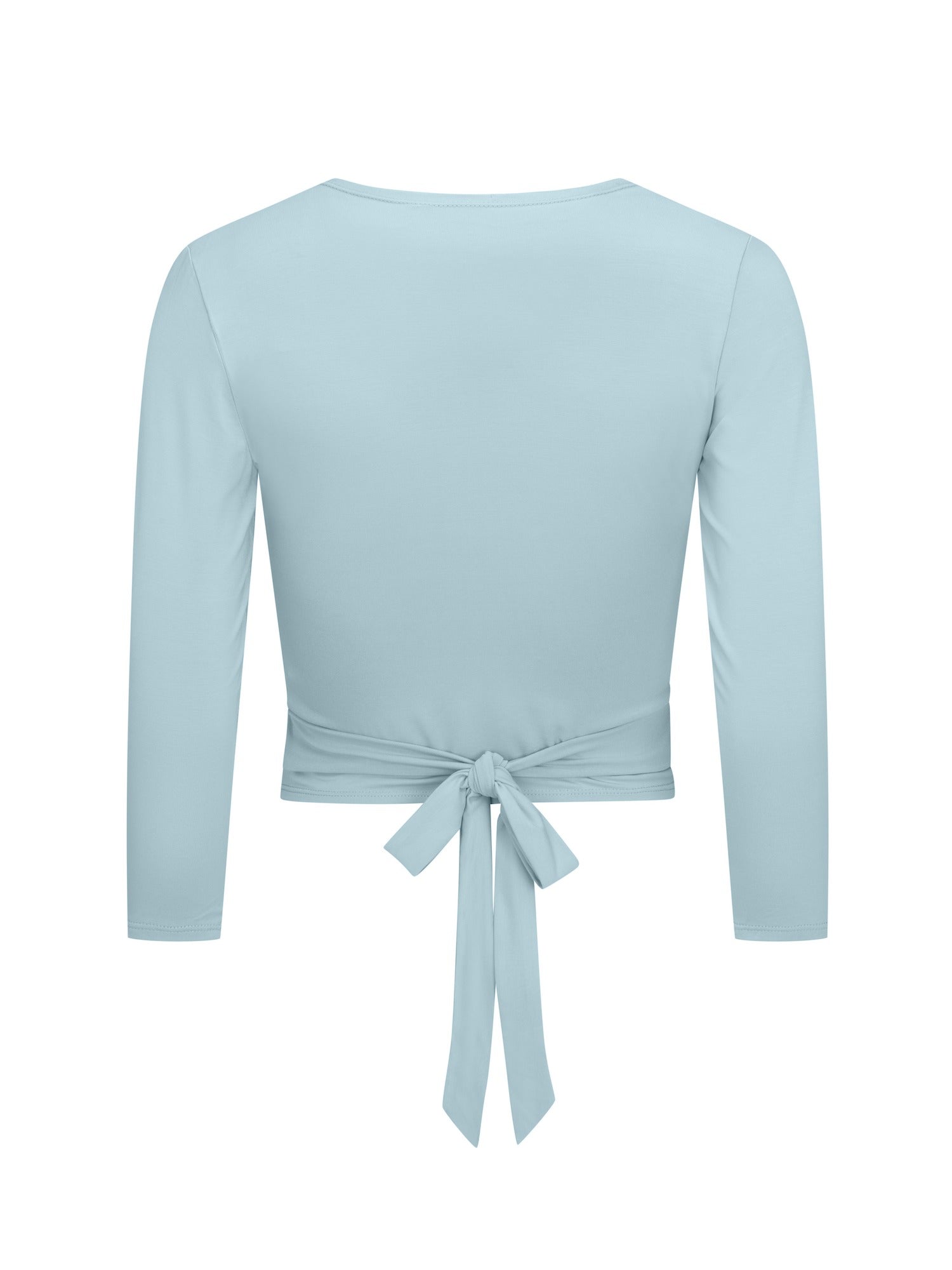 Bamboo light topaz blue wrap cardigan top with a tie detail on a white background