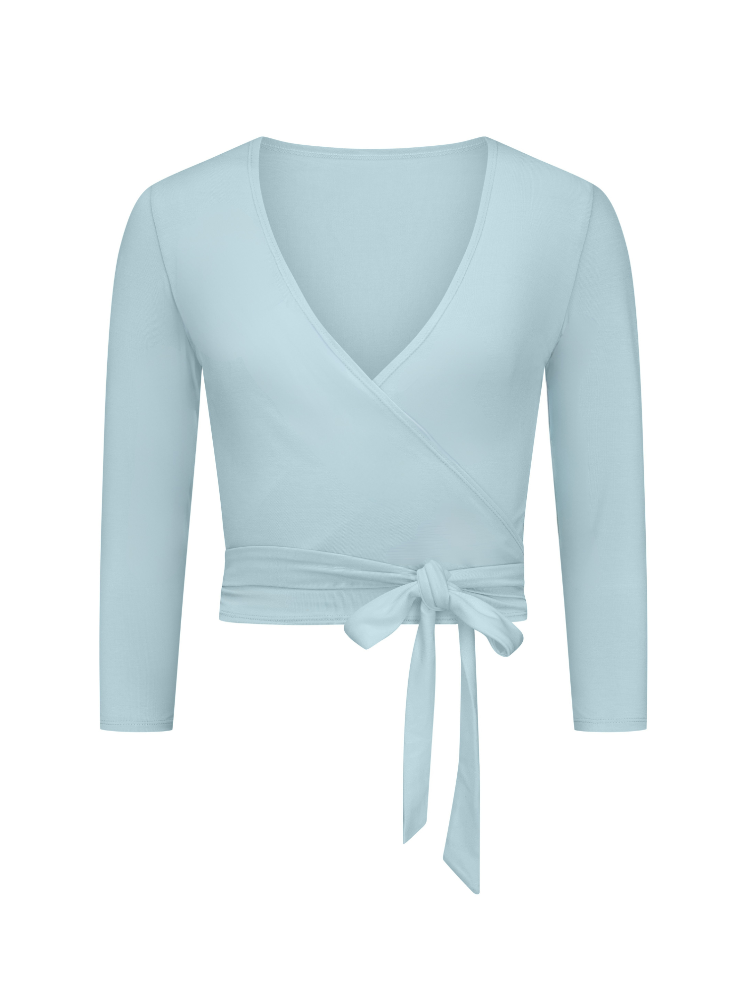 Bamboo light topaz blue wrap cardigan top with a tie detail on a white background