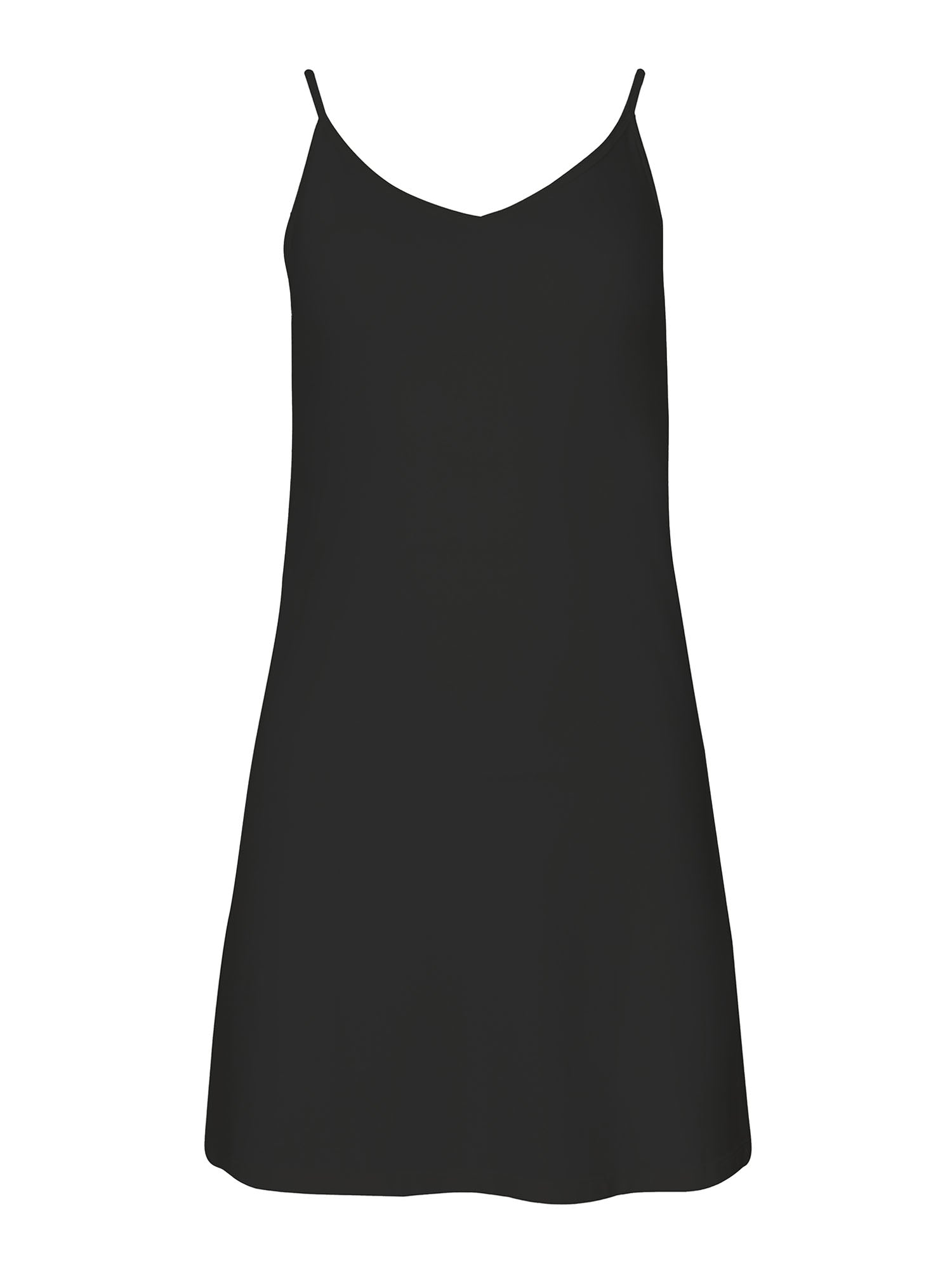 black layering slip dress with camisole straps, v neckline and fitted body, women's bamboo clothing