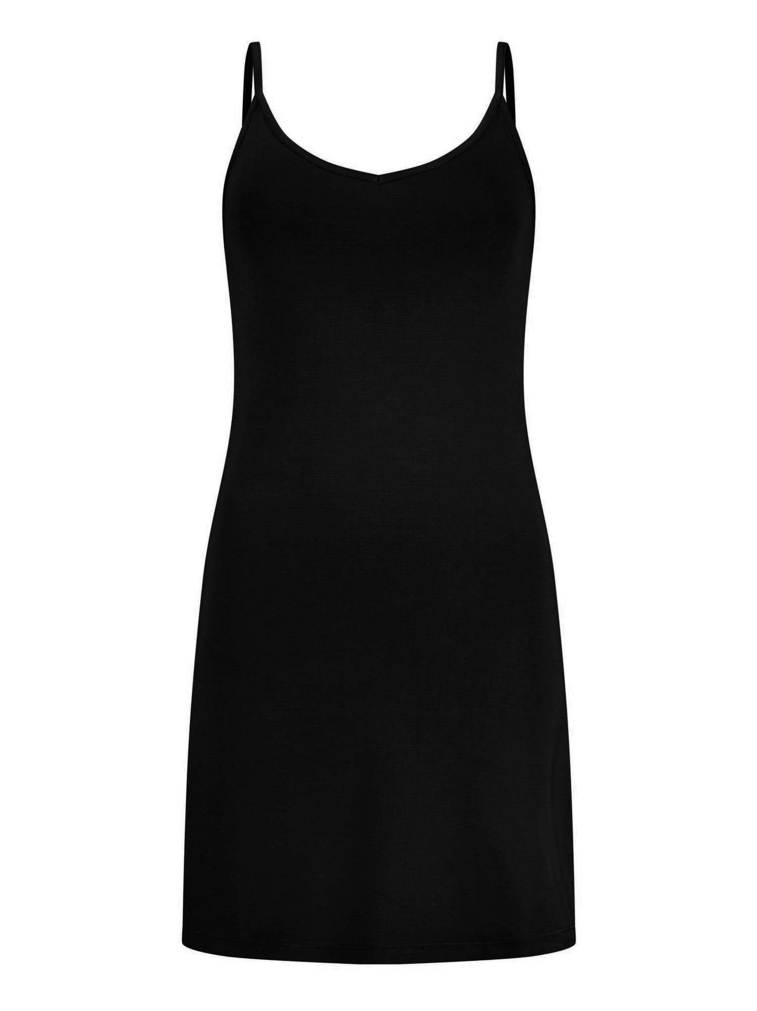 black layering slip dress with camisole straps, v neckline and fitted body, women's bamboo clothing