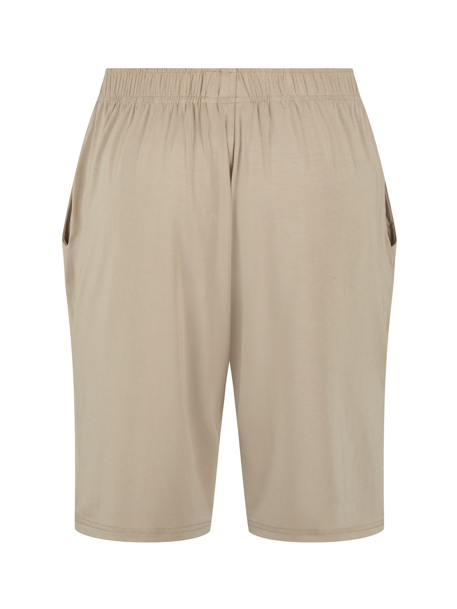 Beige men's bamboo shorts with side pockets and drawstring on a white background