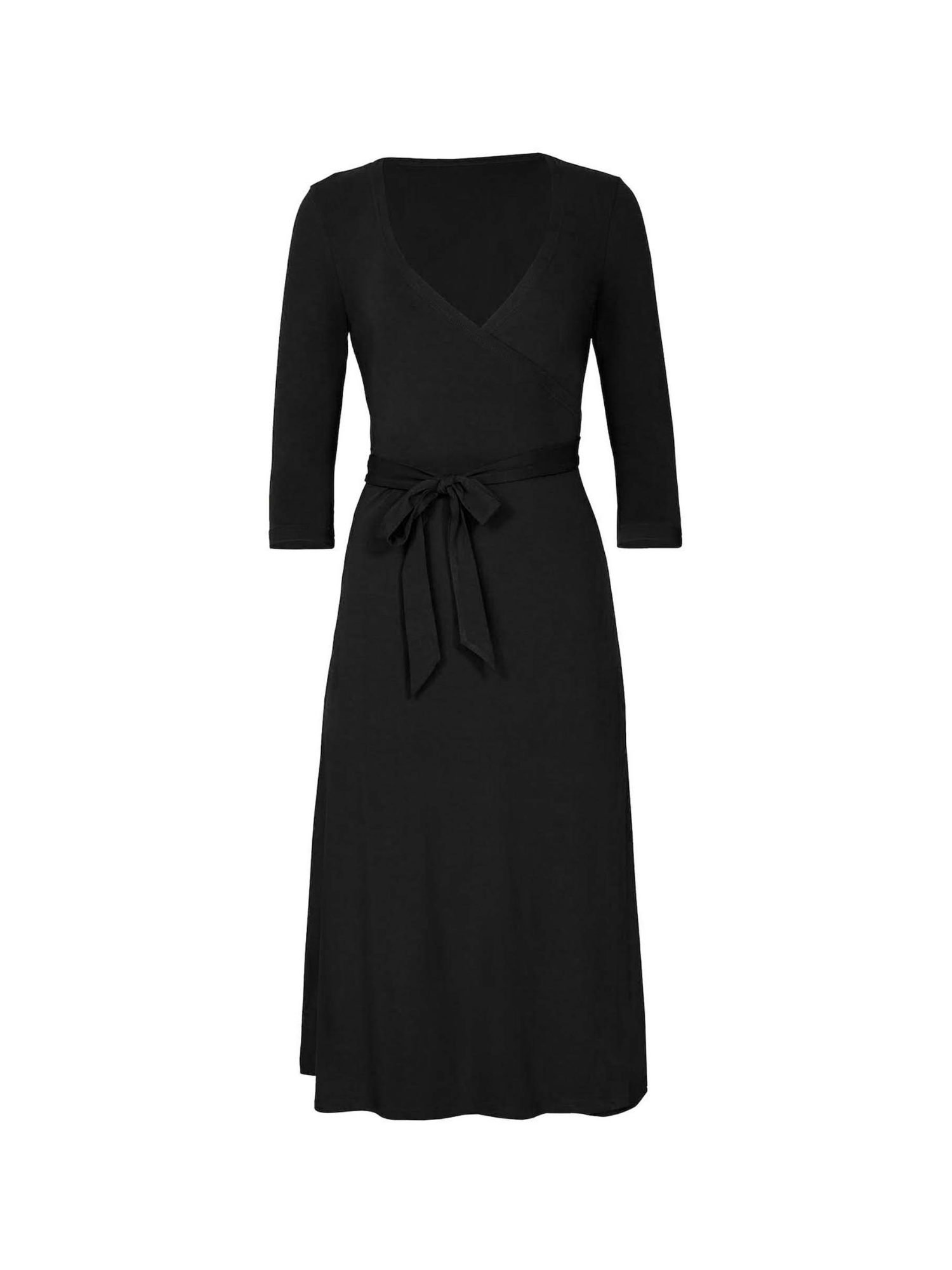 Black midi wrap dress with a cross over plunge neckline, mid length sleeve, mid thigh/knee length, women's bamboo clothing