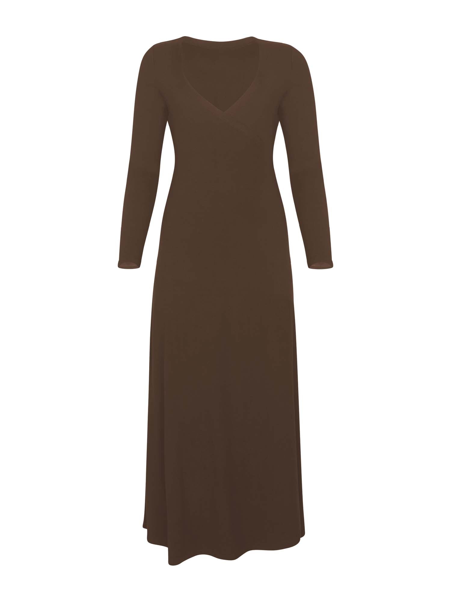 cocoa brown maxi wrap dress with a cross over plunge neckline,long fitted sleeve, mid calf length, women's bamboo clothing