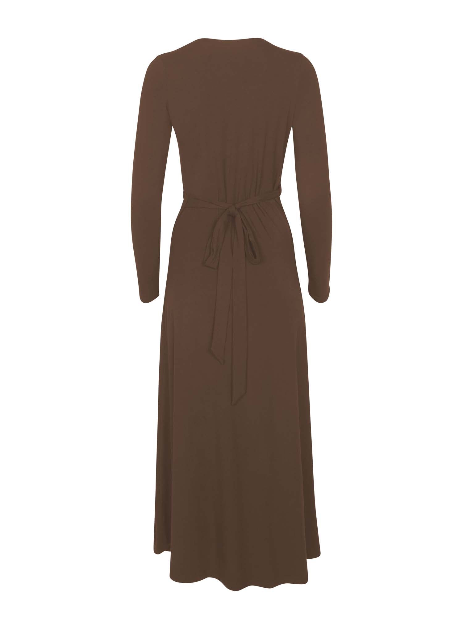 cocoa brown maxi wrap dress with a cross over plunge neckline,long fitted sleeve, mid calf length, women's bamboo clothing
