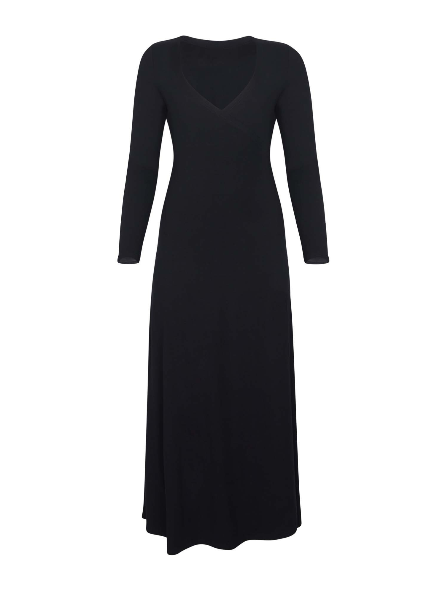 black maxi wrap dress with a cross over plunge neckline, long fitted sleeve, mid calf length, women's bamboo clothing