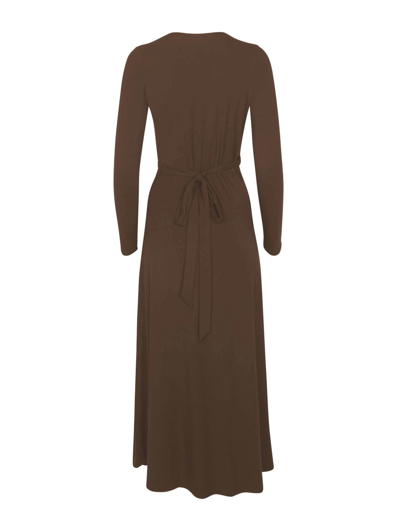 cocoa brown maxi wrap dress with a cross over plunge neckline,long fitted sleeve, mid calf length, women's bamboo clothing