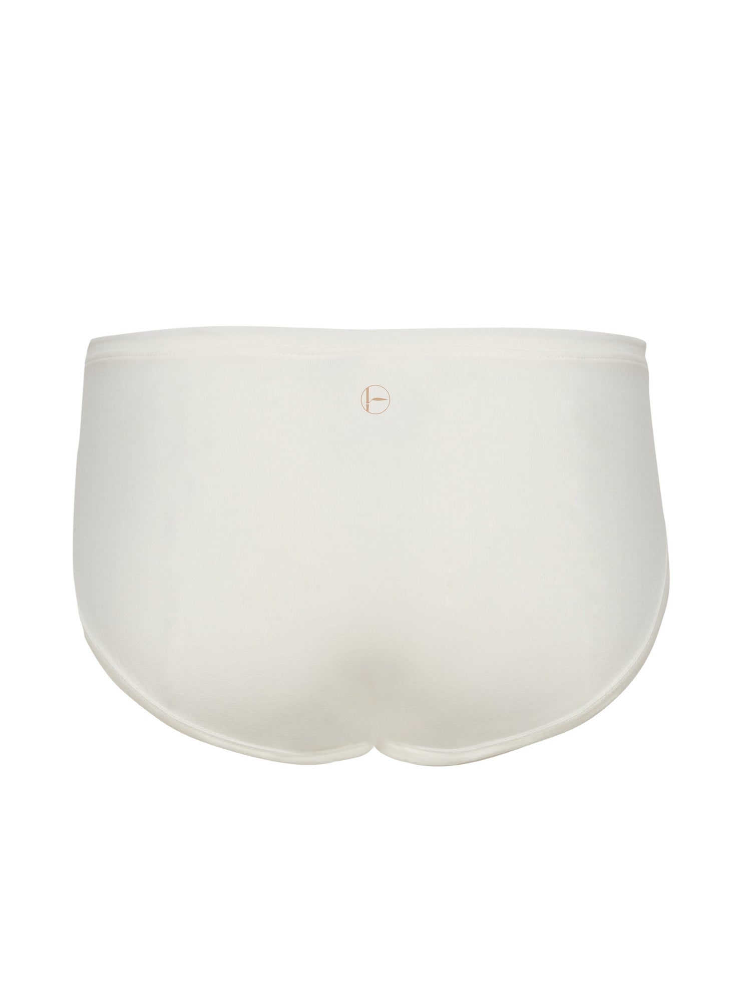 Model wearing a cream full brief with mid waist and soft leg banding to lift and shape bottom, women's bamboo underwear