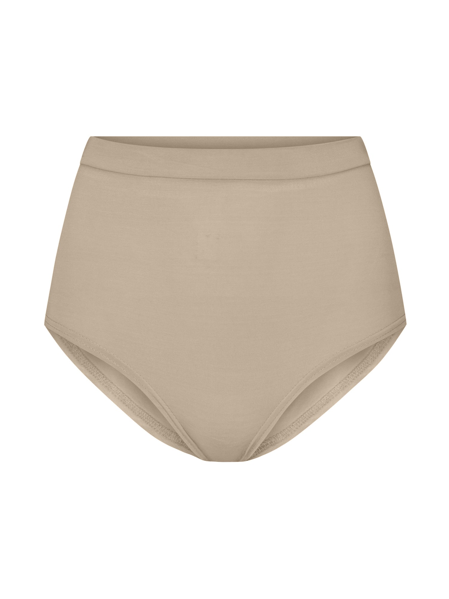 beige nude high waisted full brief with mid leg opening and double layered waistband, women's bamboo underwear