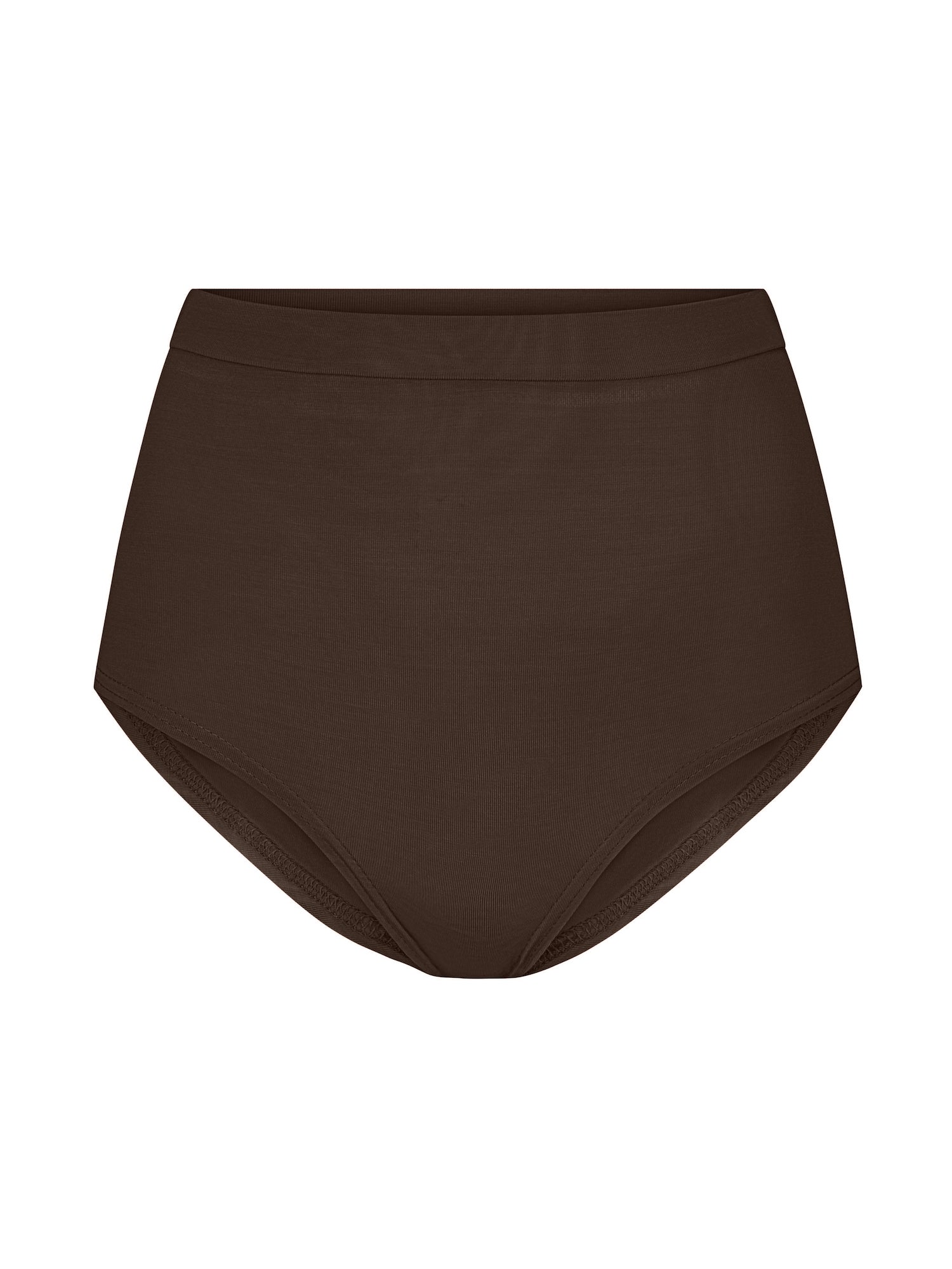 cocoa brown high waisted full brief with mid leg opening and double layered waistband, women's bamboo underwear