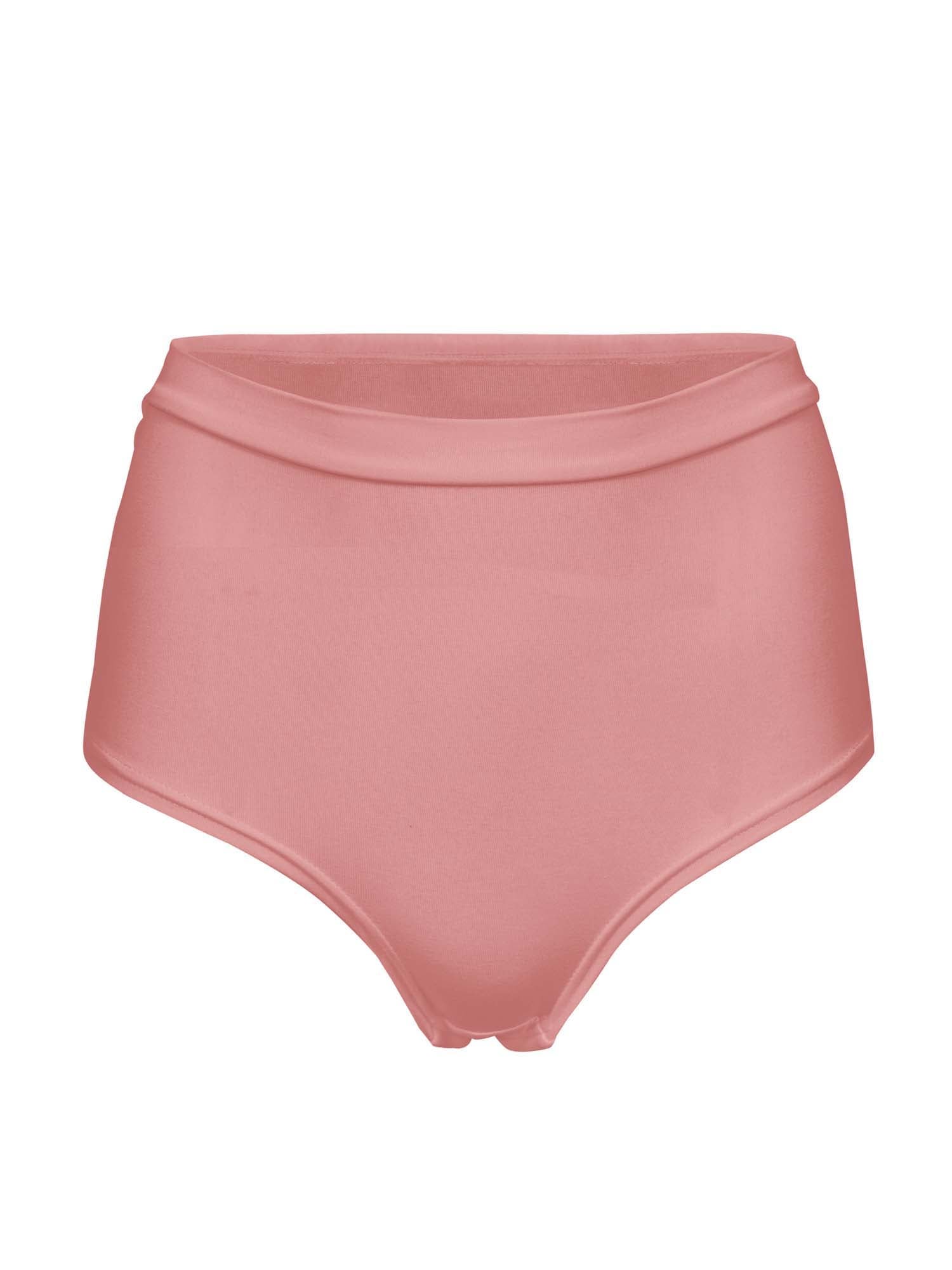 Model wearing pink clay high waisted full brief with mid leg opening and double layered waistband, women's bamboo underwear