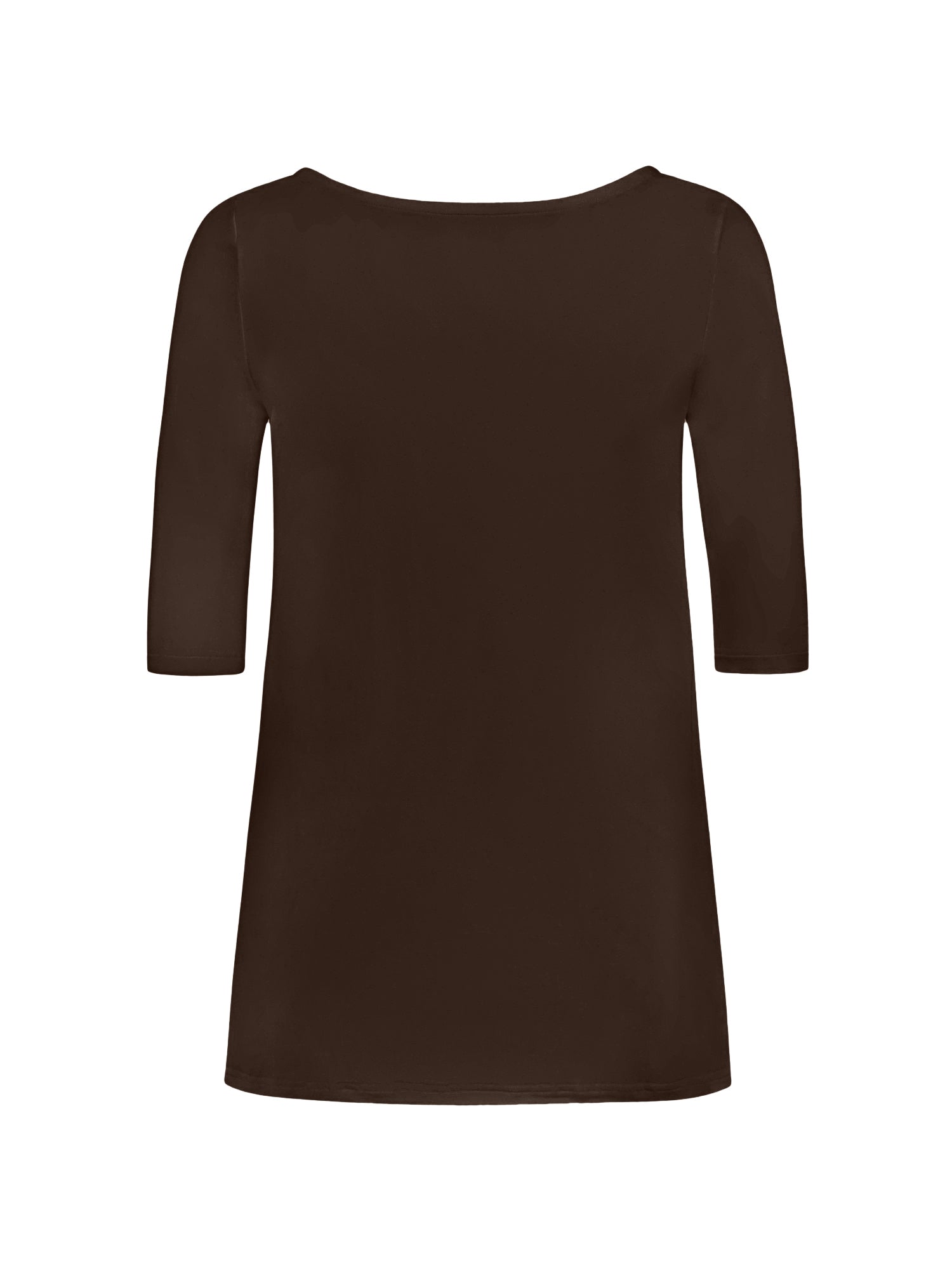 reversible cocoa brown mid sleeve t-shirt with scoop and boat necklines, a-line long line body, women's bamboo clothing