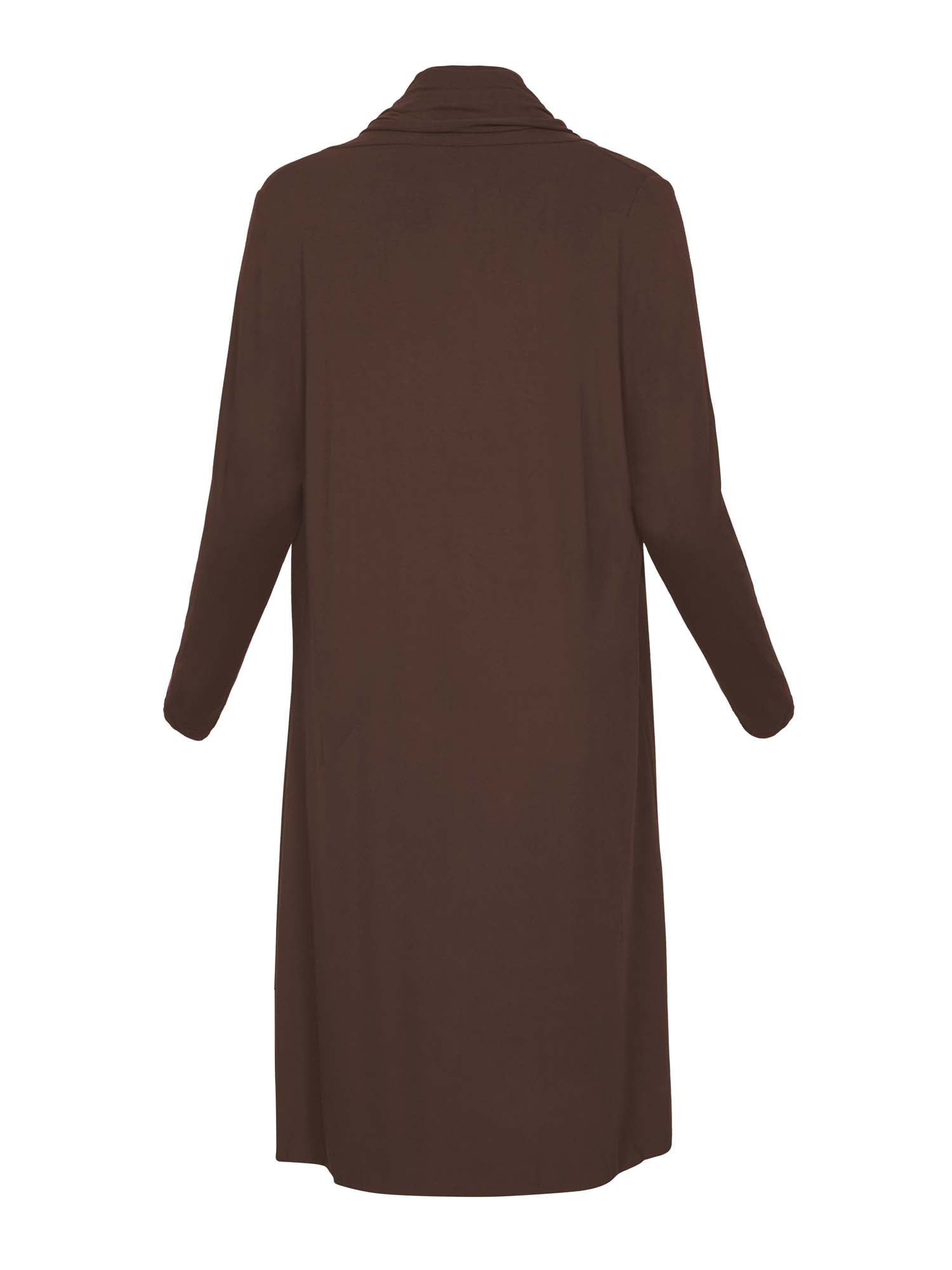 Model wearing cocoa brown long cardigan, below knee length jacket with long fitted sleeves, women's bamboo clothing