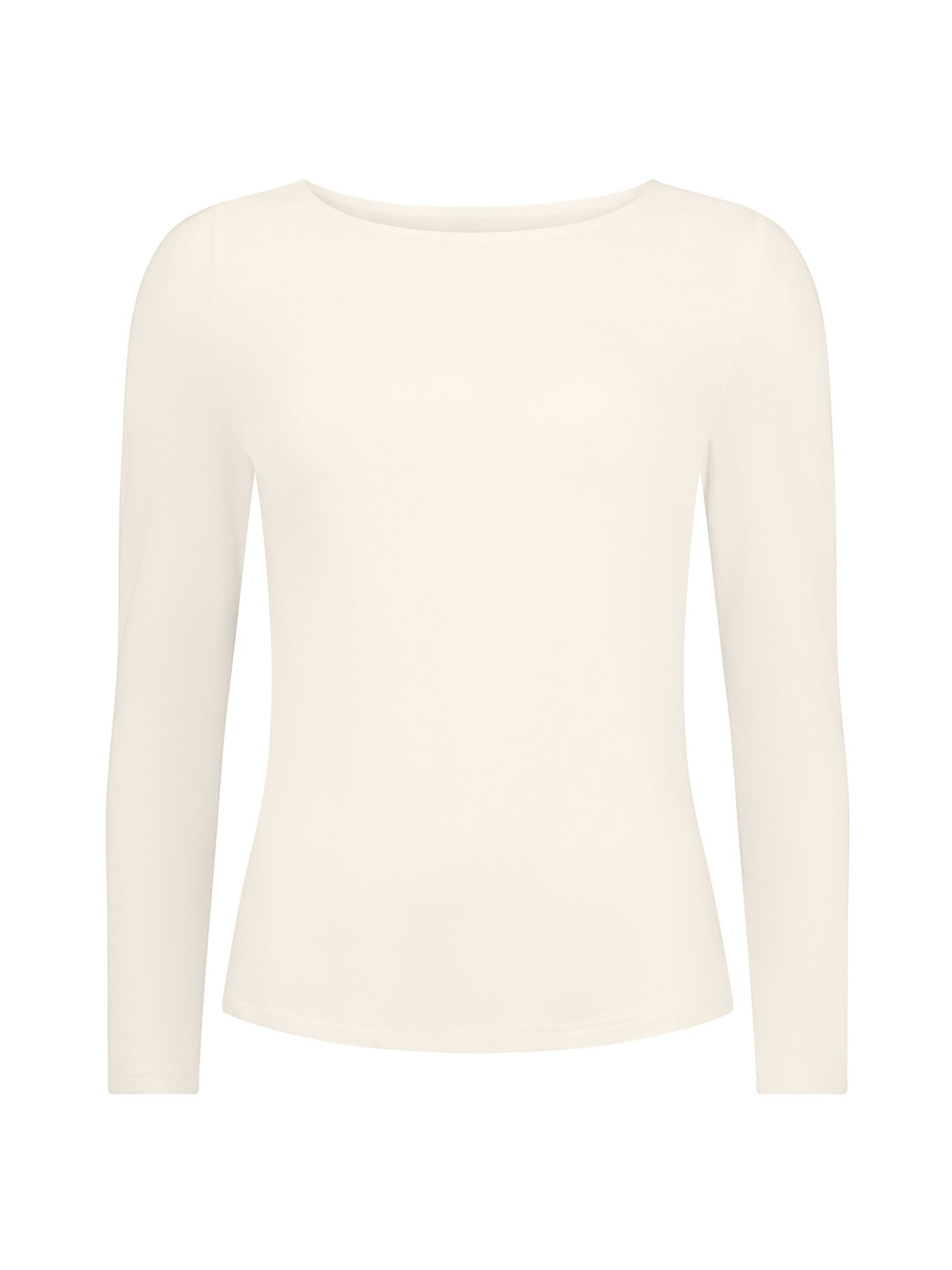Cream boat neck long sleeve t-shirt, fitted through shoulders and chest with loose fit to waist, women's bamboo clothing