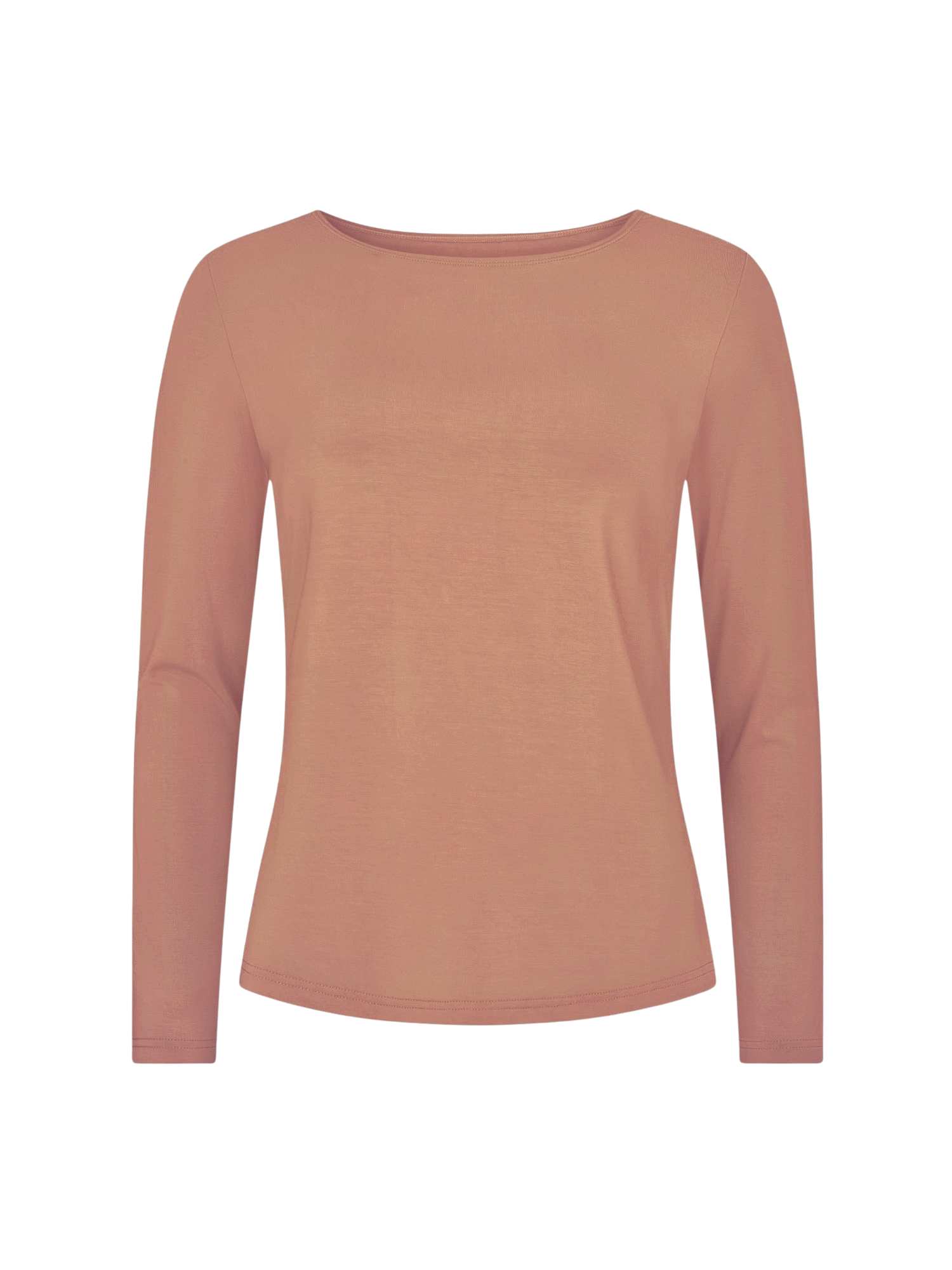 A long-sleeve boatneck top in a tan caramel color, displayed on a clean white background.
