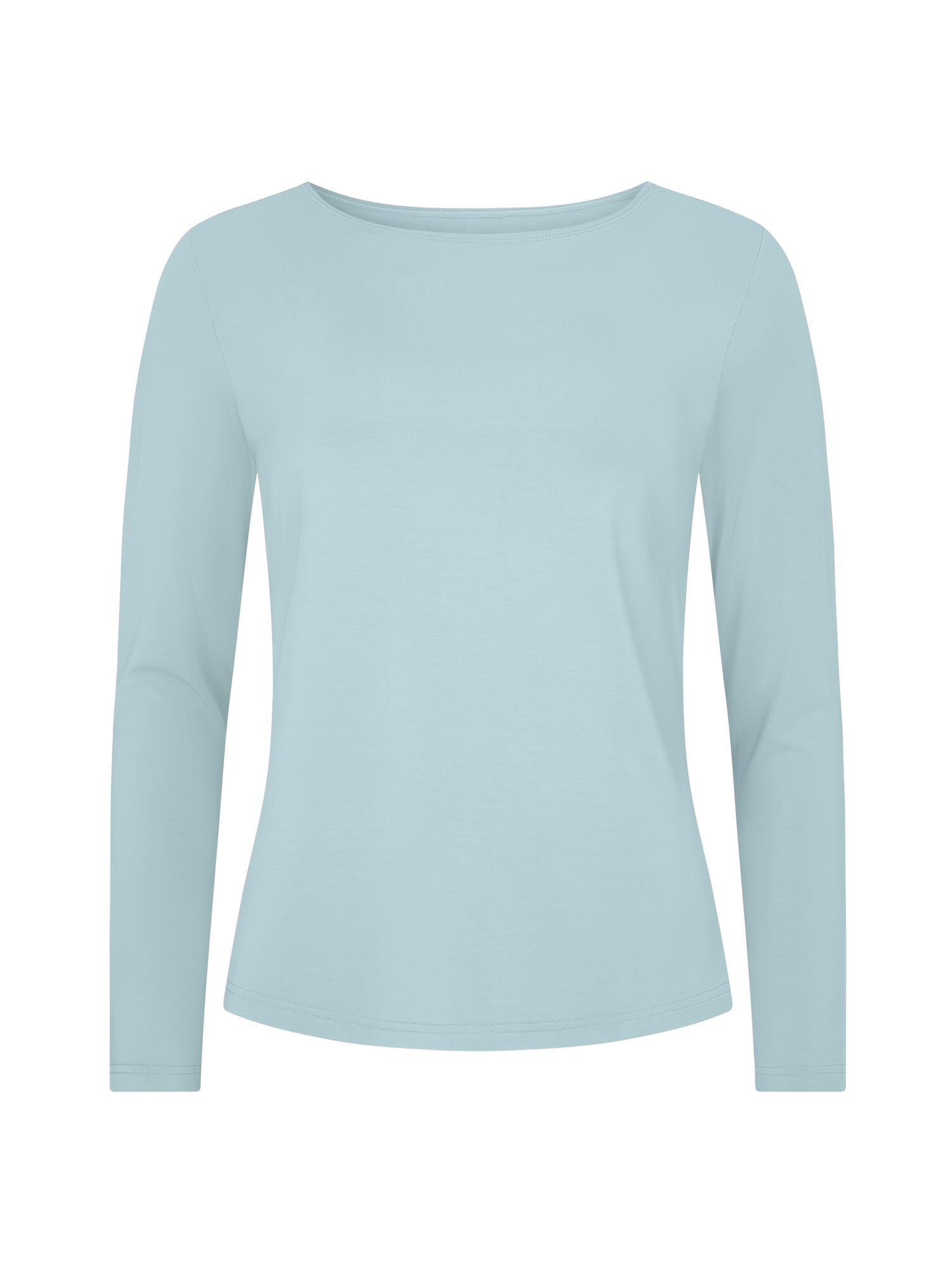 A light blue long-sleeve boat neck top displayed on a clean white background.