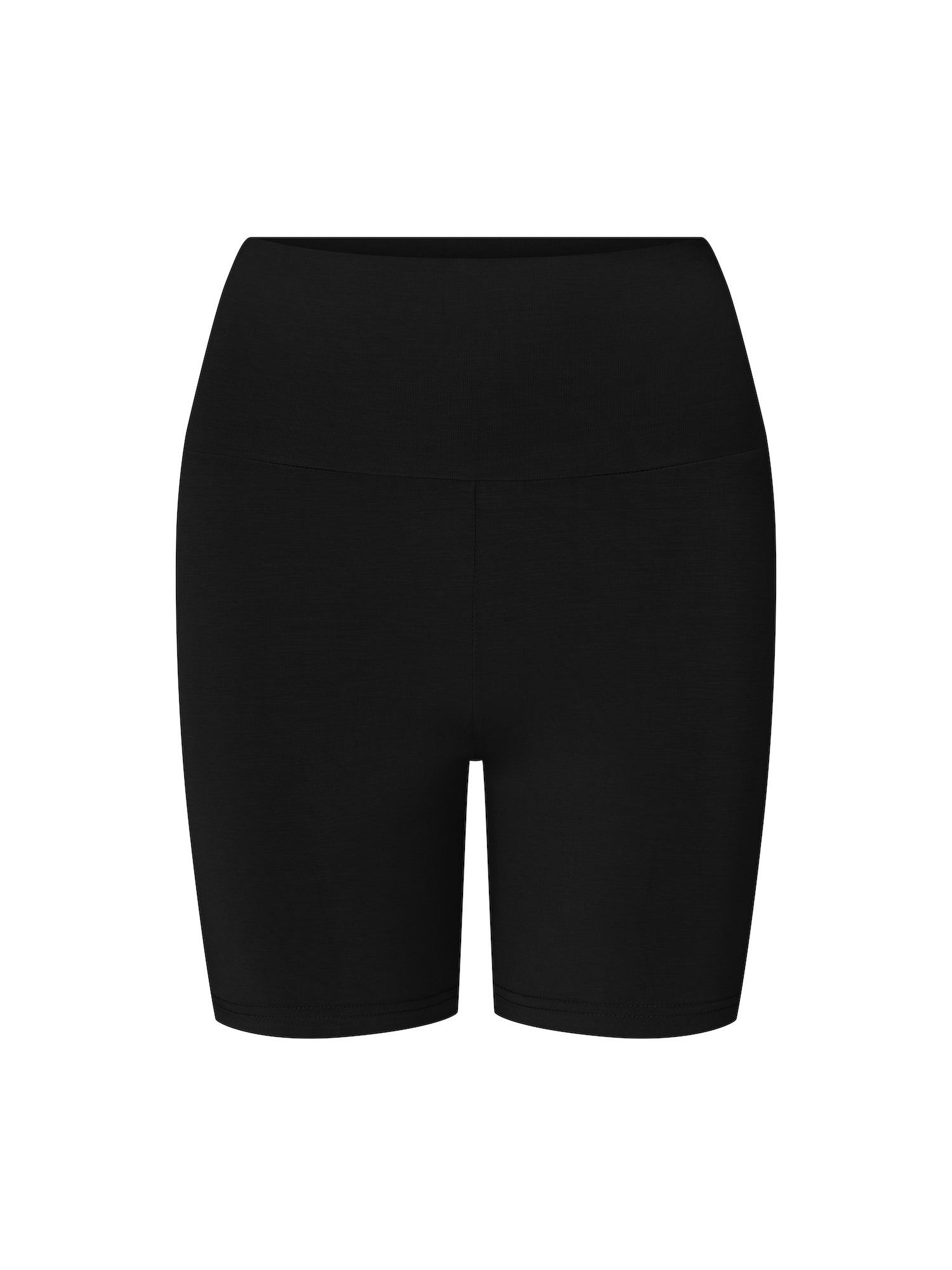 black mid thigh length sporty shorts with adjustable high waistband, women's bamboo clothing