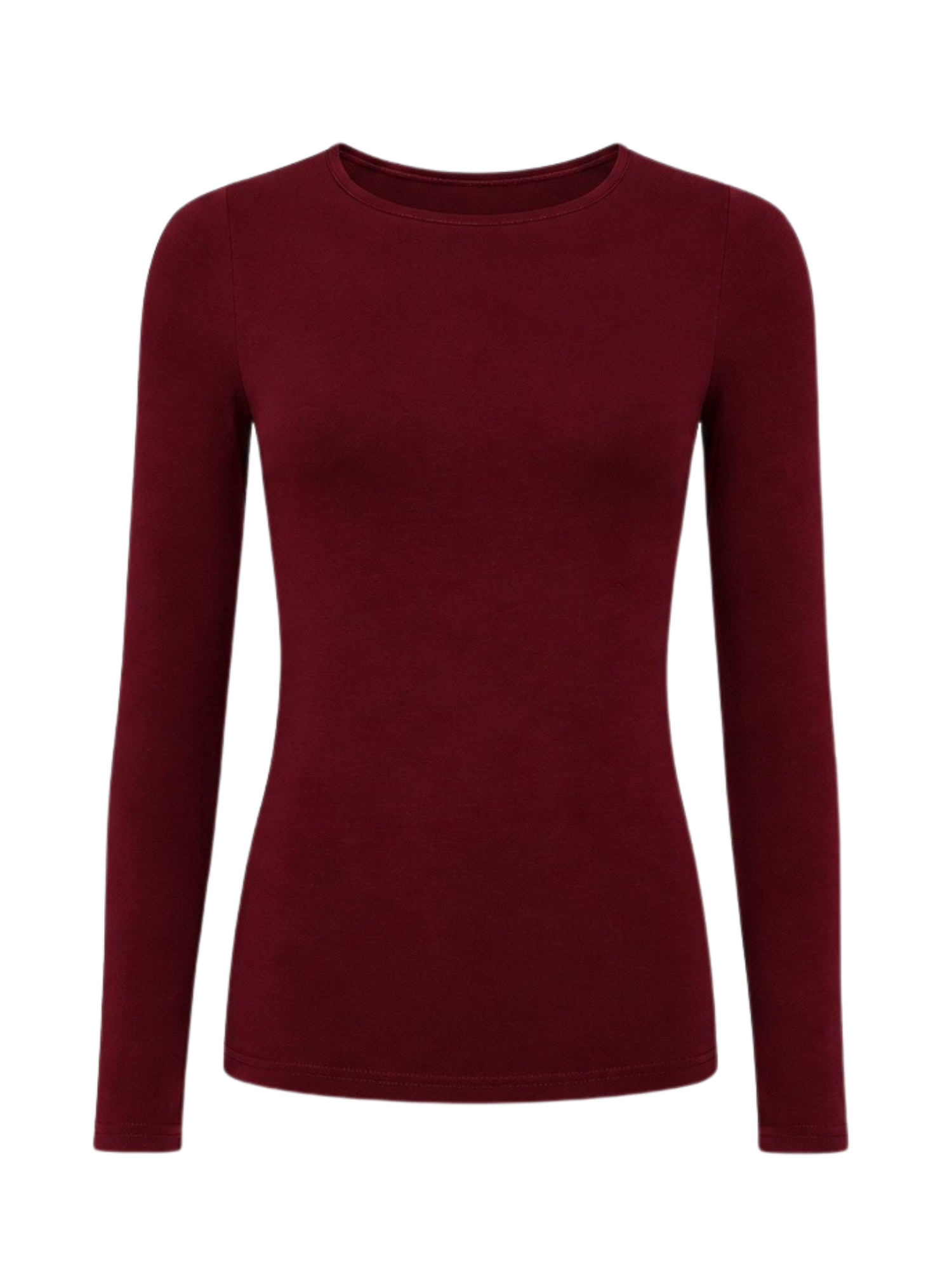 A long-sleeve crewneck top in deep burgundy, displayed on a clean white background.