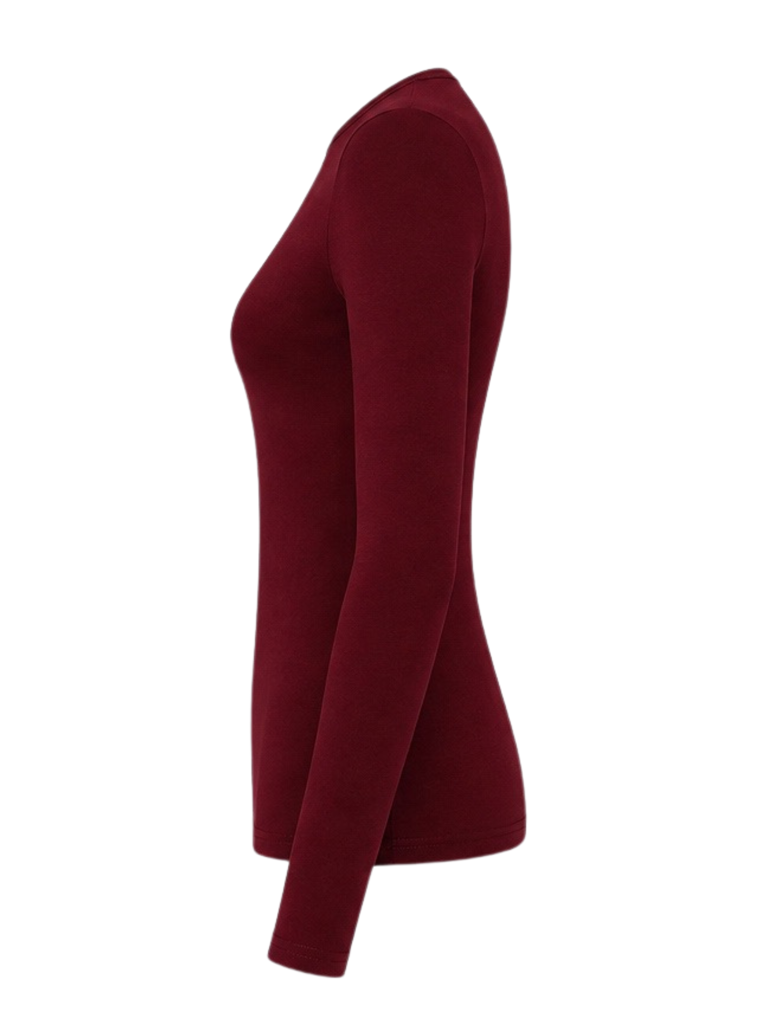 A long-sleeve, fitted knit top in a deep burgundy red, shown from a side profile view on a plain white background.