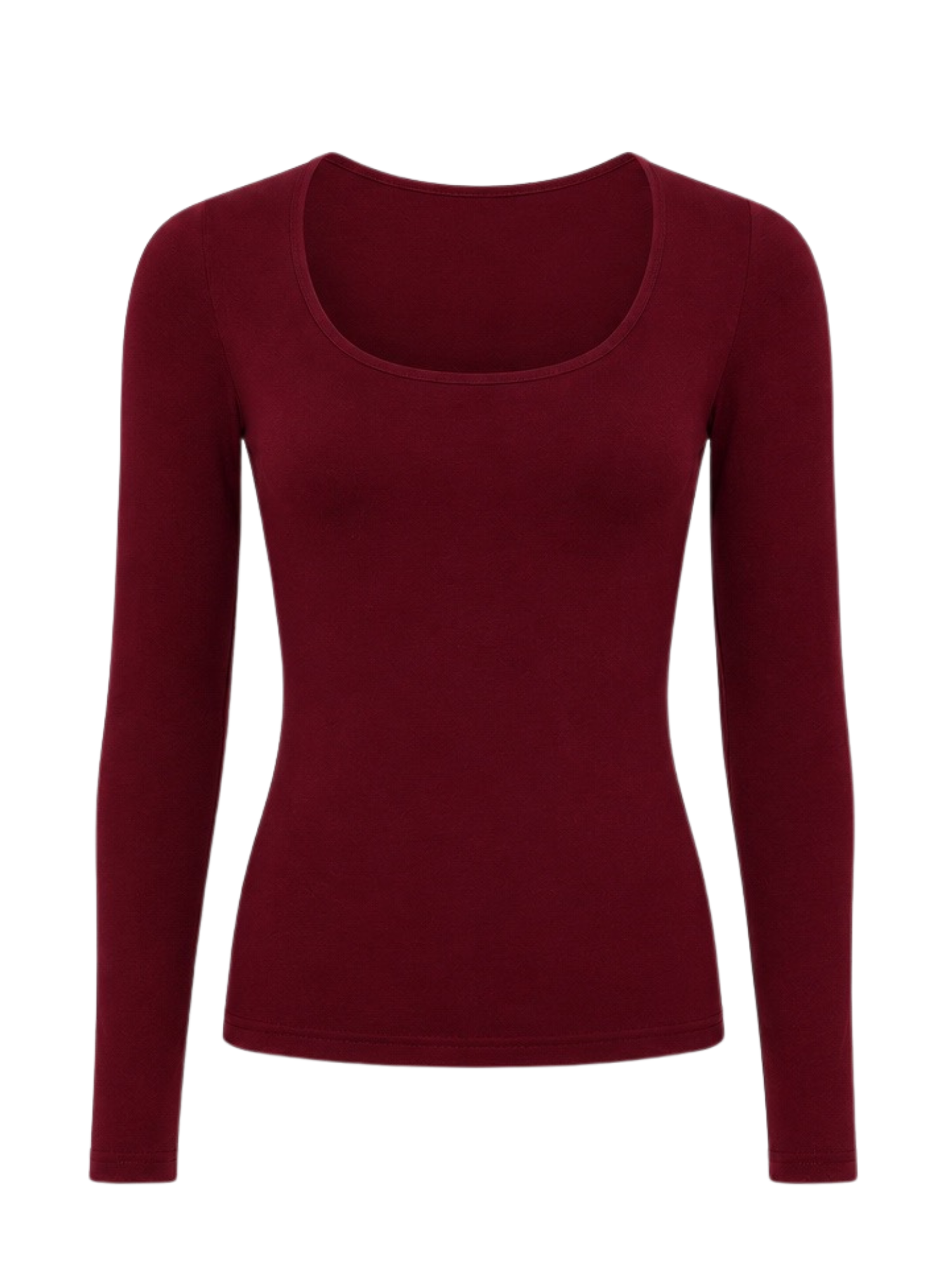 A women's long-sleeve scoop neck top in a deep burgundy red, shown on a plain white background.