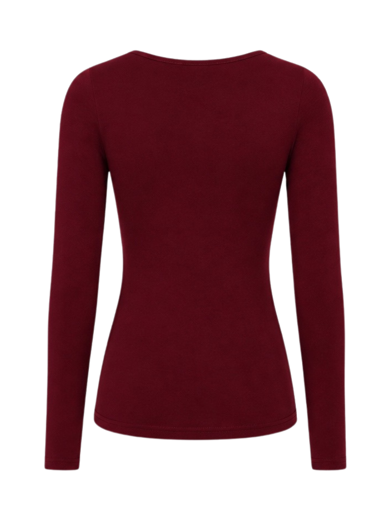 A long-sleeve nee neck top in deep burgundy, shown from the back on a plain white background.