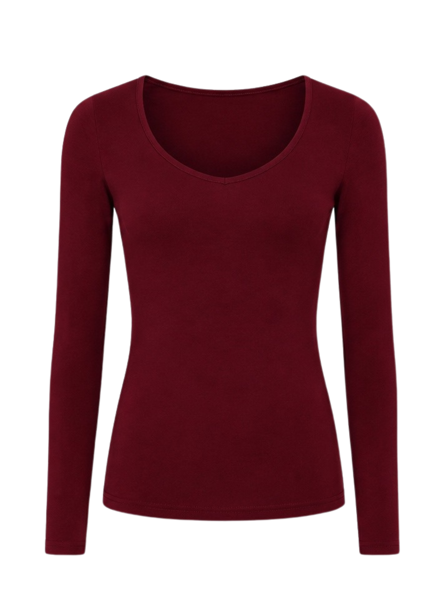 A long-sleeve vee scoop neck top in deep burgundy, displayed on a clean white background.