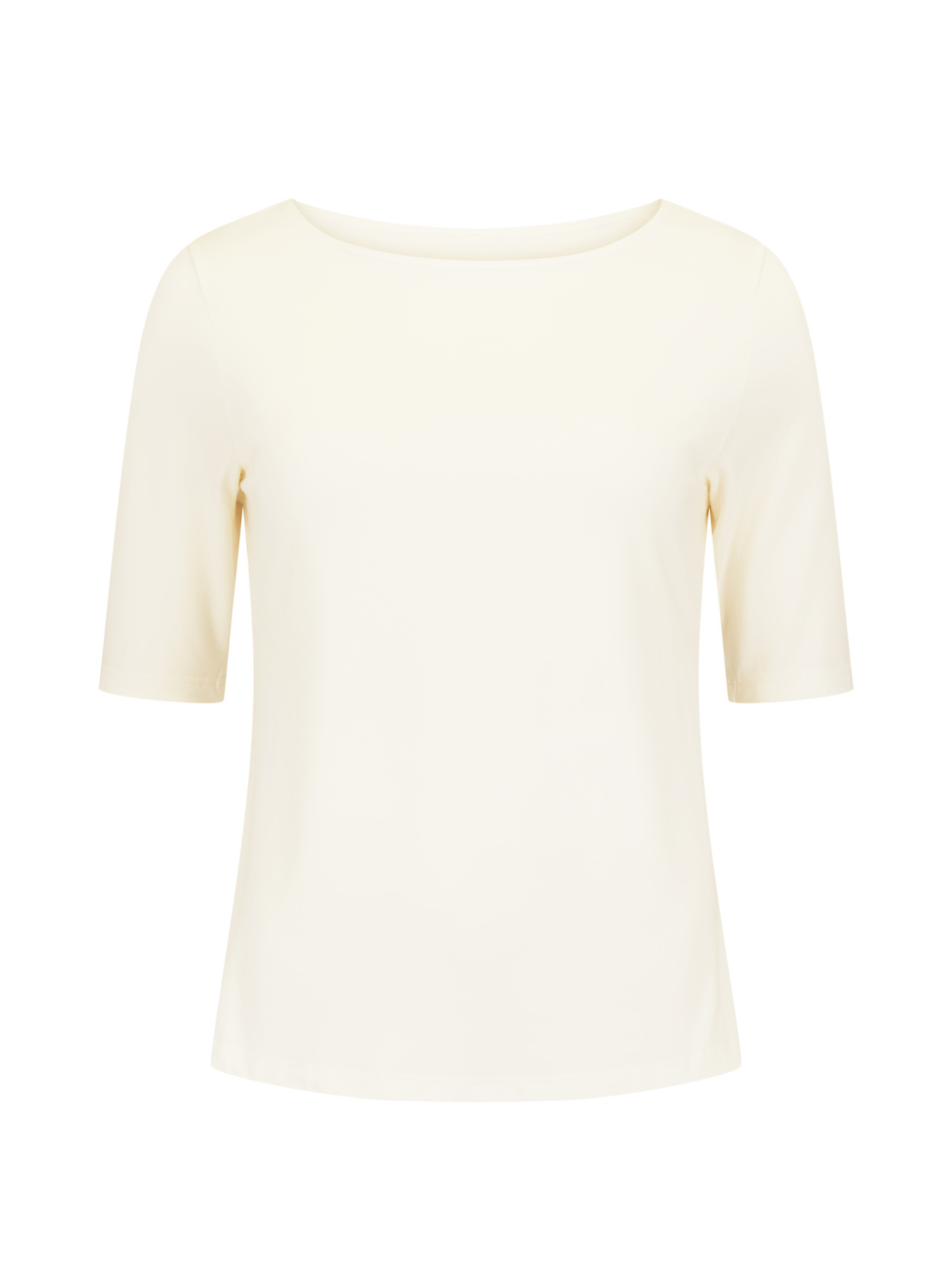 cream boat neck mid sleeve t-shirt, fitted through shoulders and chest with loose fit to waist, women's bamboo clothing