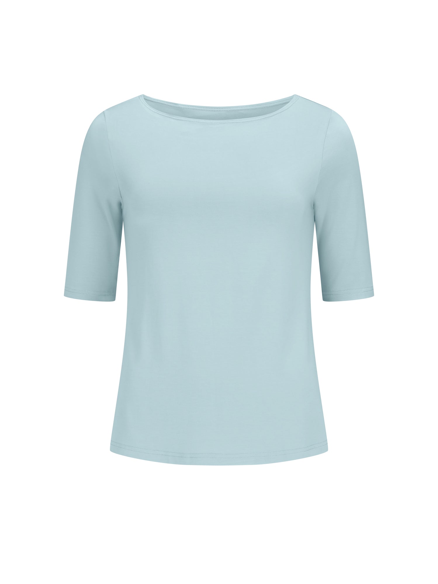 Light Topaz blue boat neck mid sleeve t-shirt on a white background