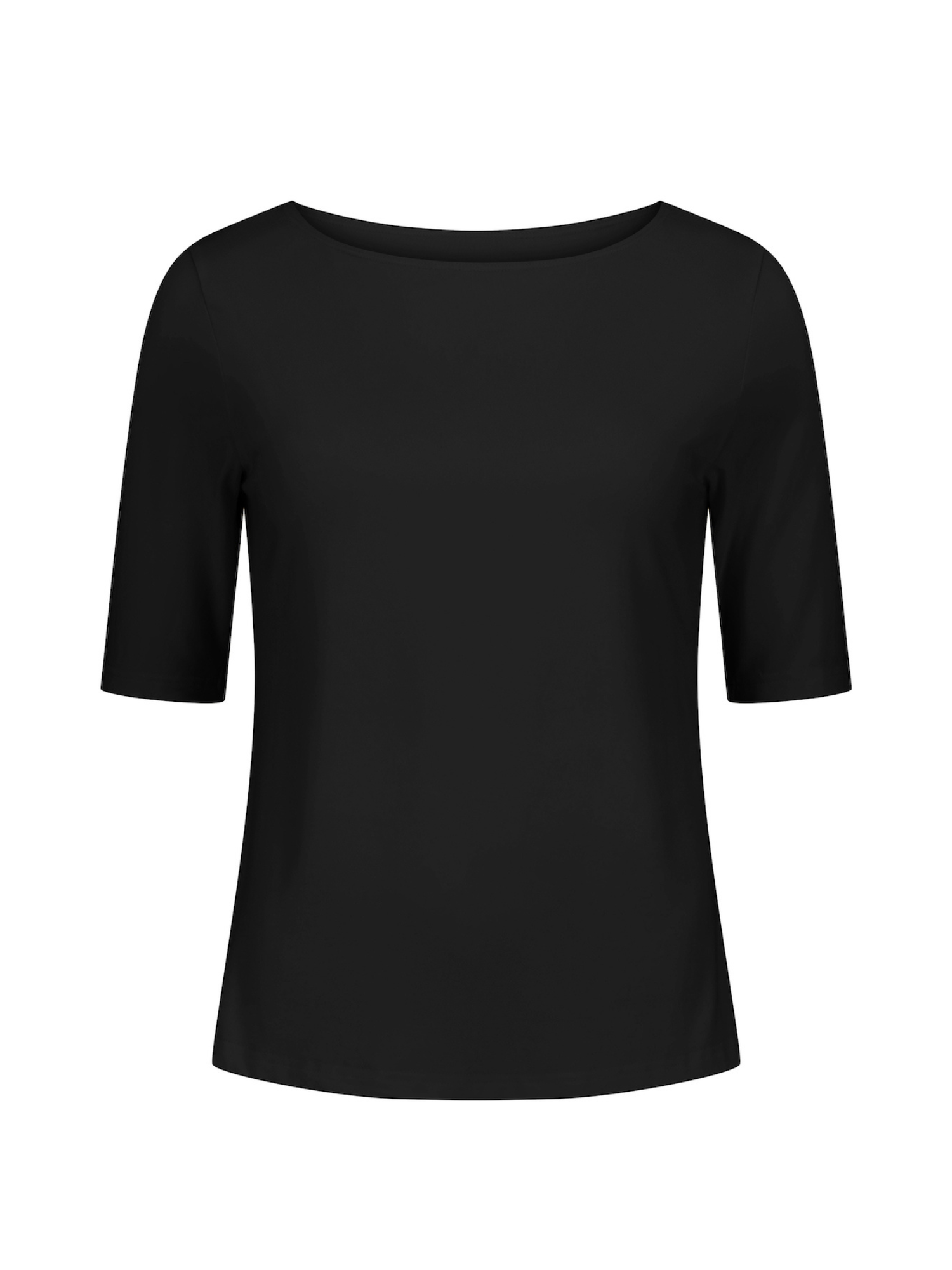 Black bamboo boat neck t-shirt with three-quarter sleeves on a white background