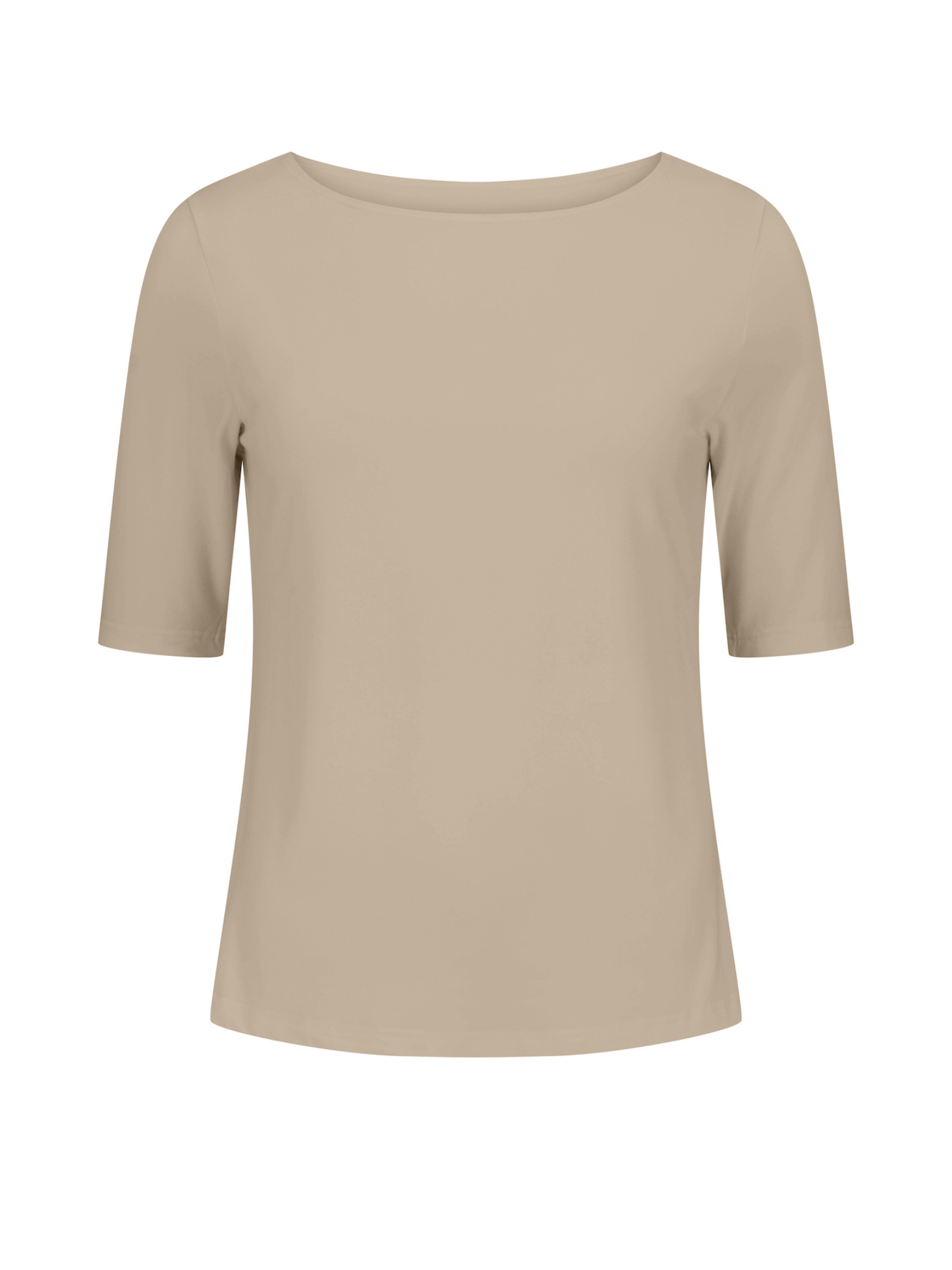 Caramel beige bamboo boat neck t-shirt with three-quarter sleeves on a white background