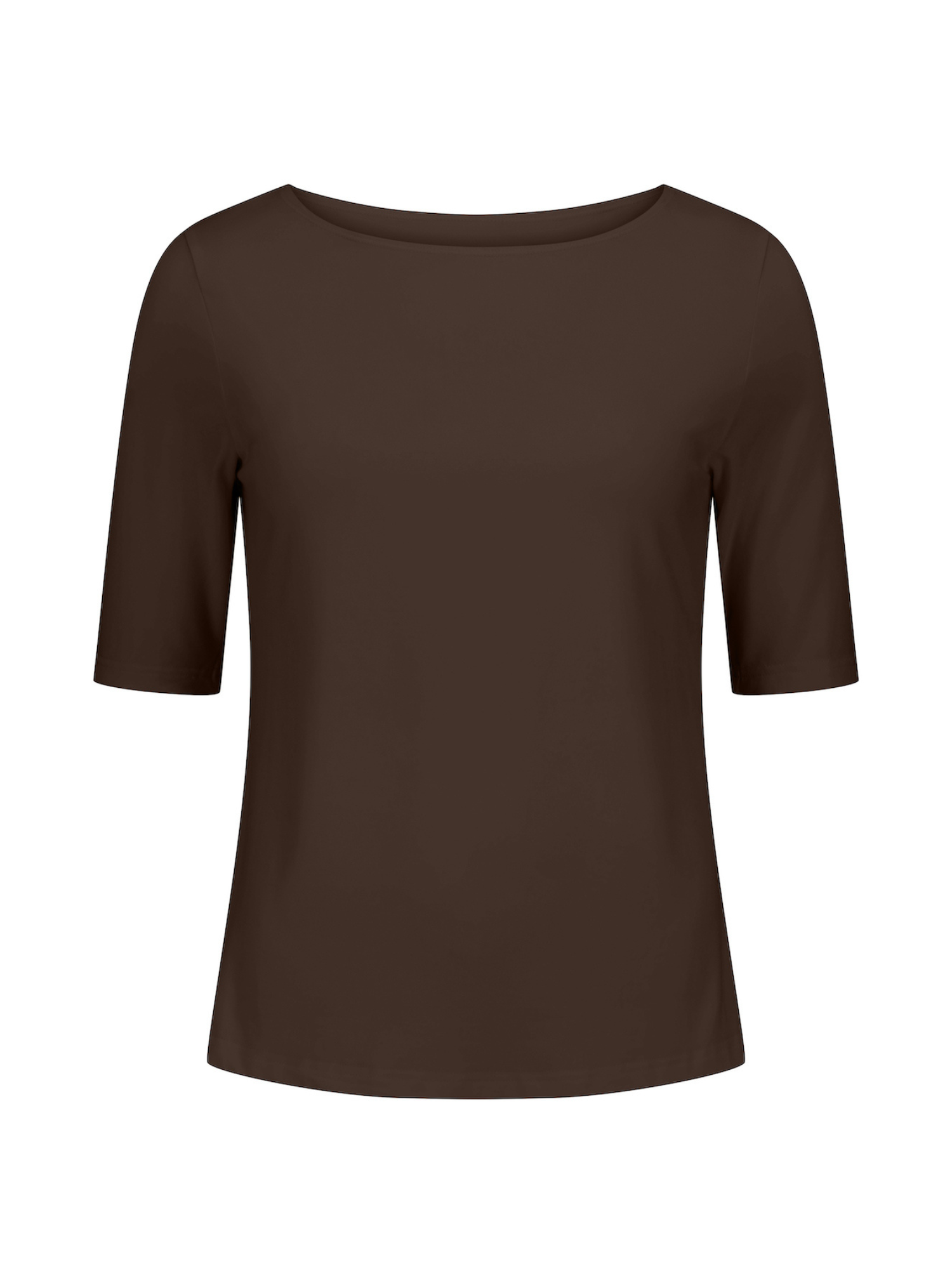 Cocoa brown bamboo boat neck t-shirt with three-quarter sleeves on a white background