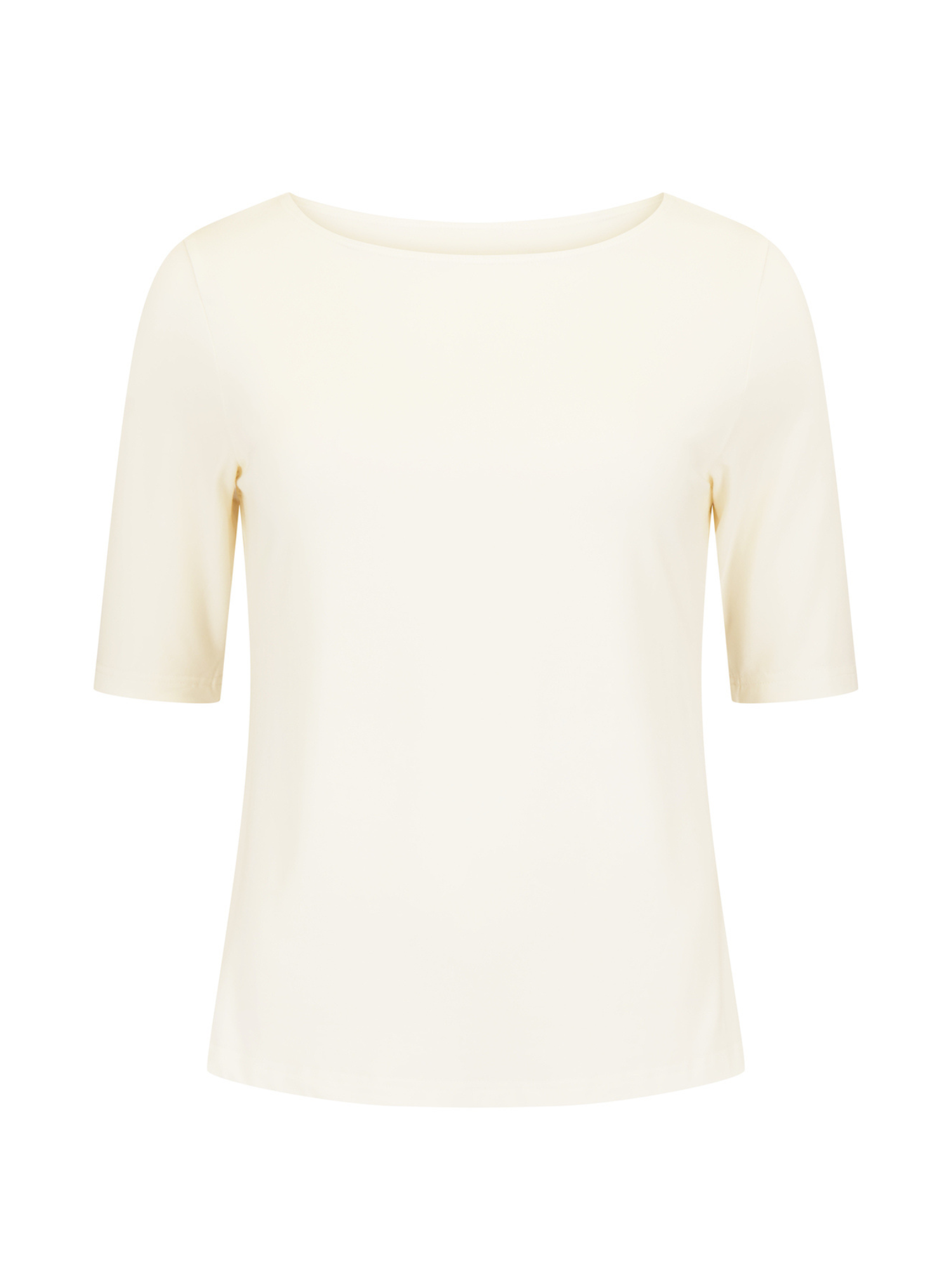 Cream bamboo boat neck t-shirt with three-quarter sleeves on a white background