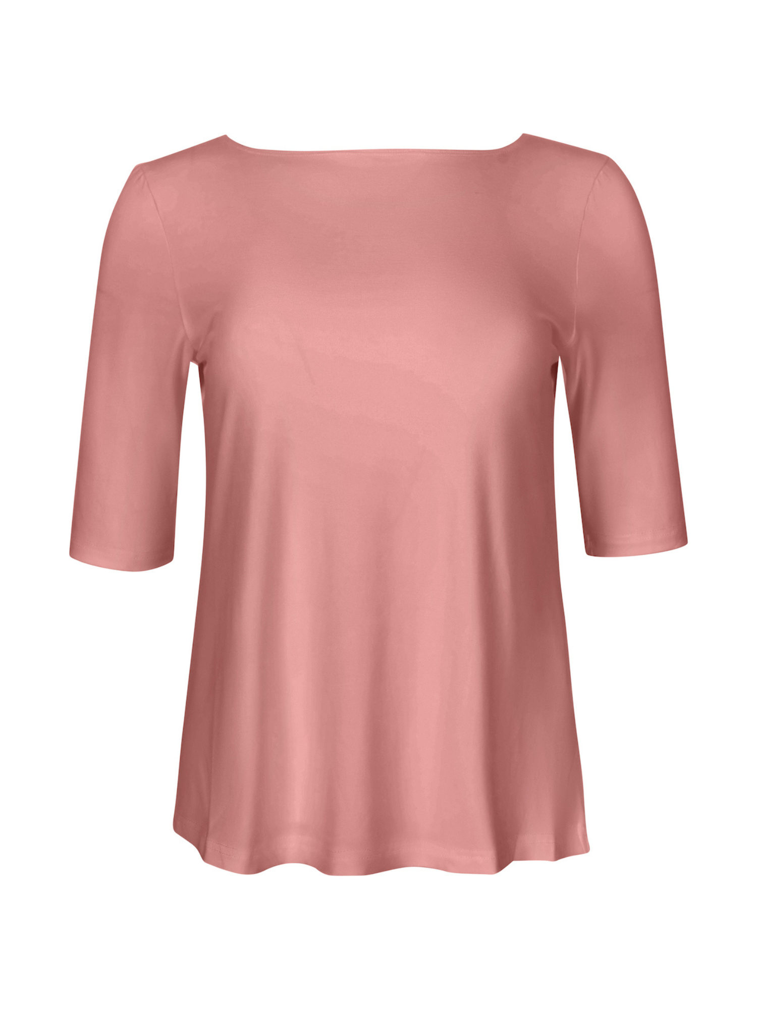 pink boat neck mid sleeve t-shirt, fitted through shoulders and chest with loose fit to waist, women's bamboo clothing