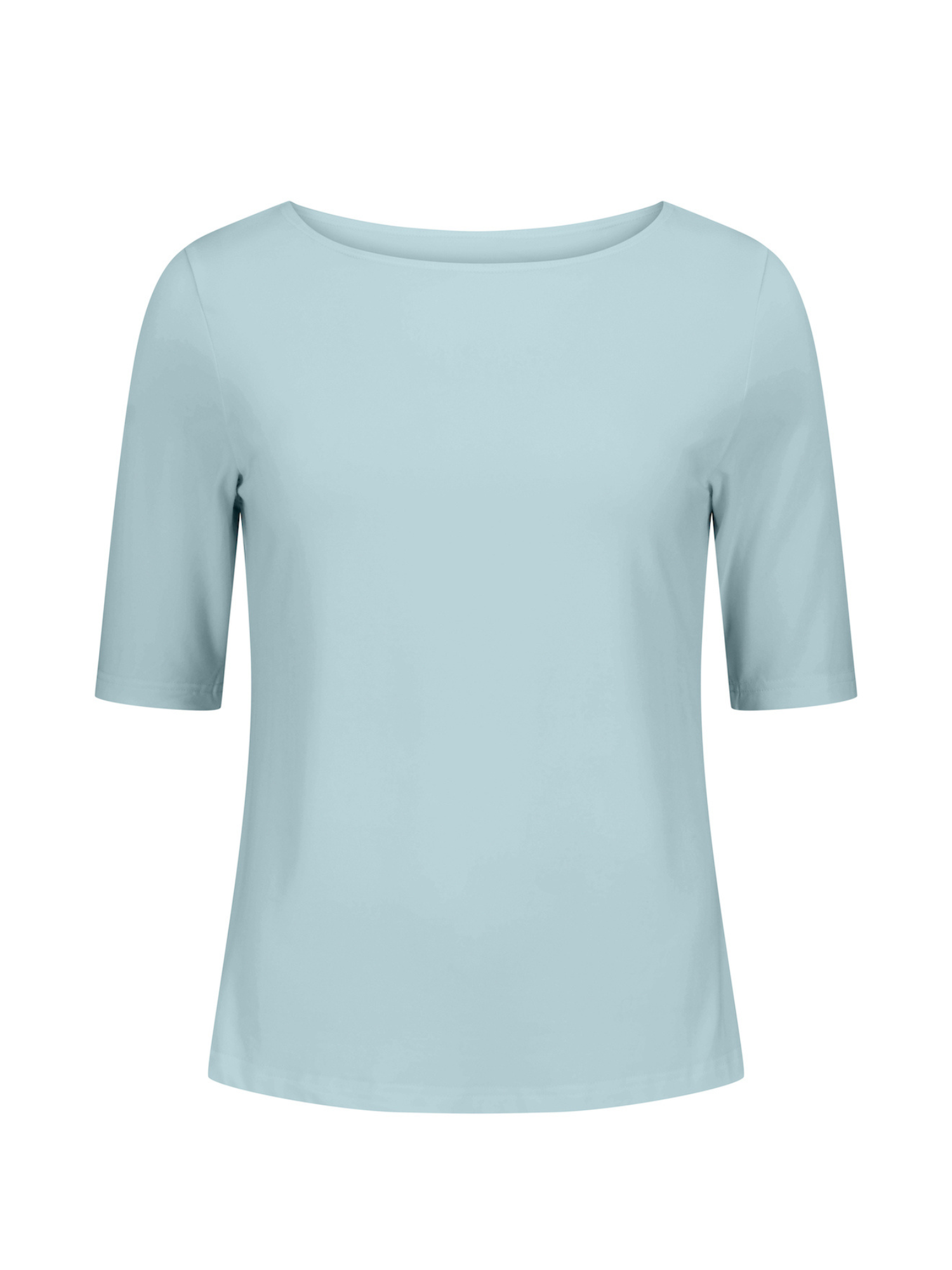 Light blue bamboo boat neck t-shirt with three-quarter sleeves on a white background