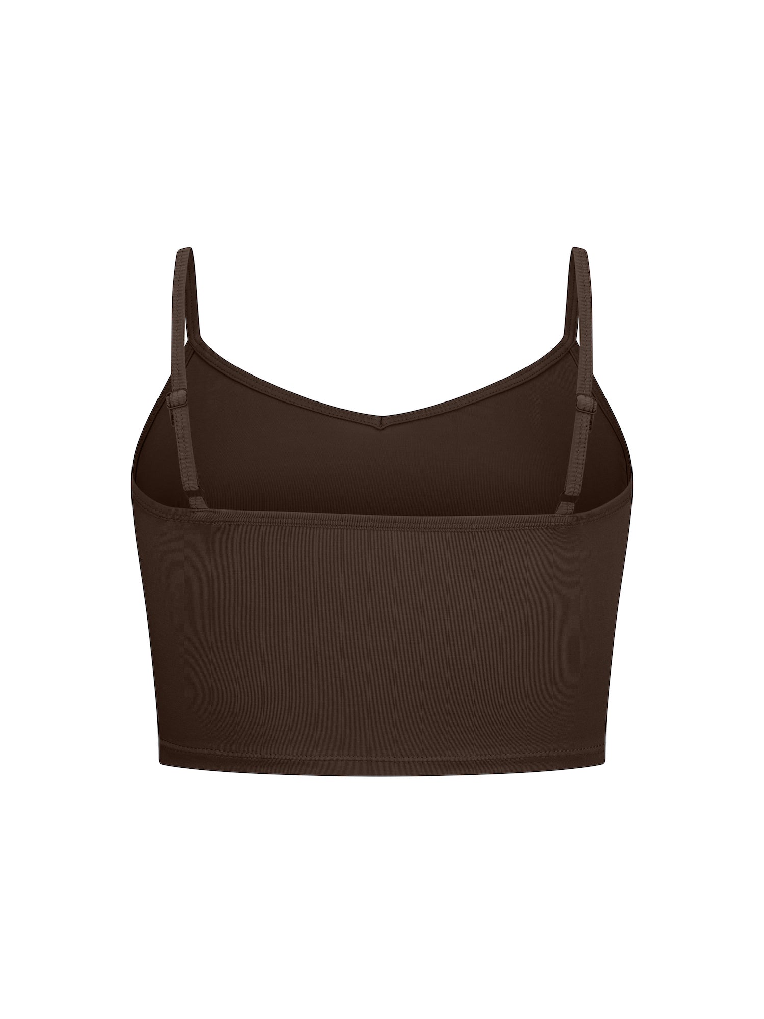 Cocoa brown crop layering singlet with camisole straps, v neckline, fitted body in crop length, women's bamboo clothing