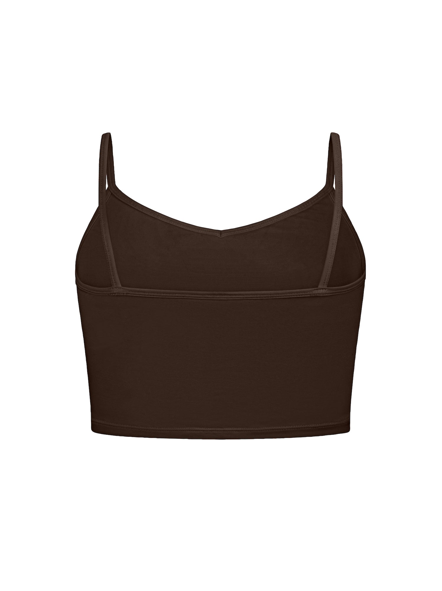 Cocoa brown crop layering singlet with camisole straps, v neckline, fitted body in crop length, women's bamboo clothing