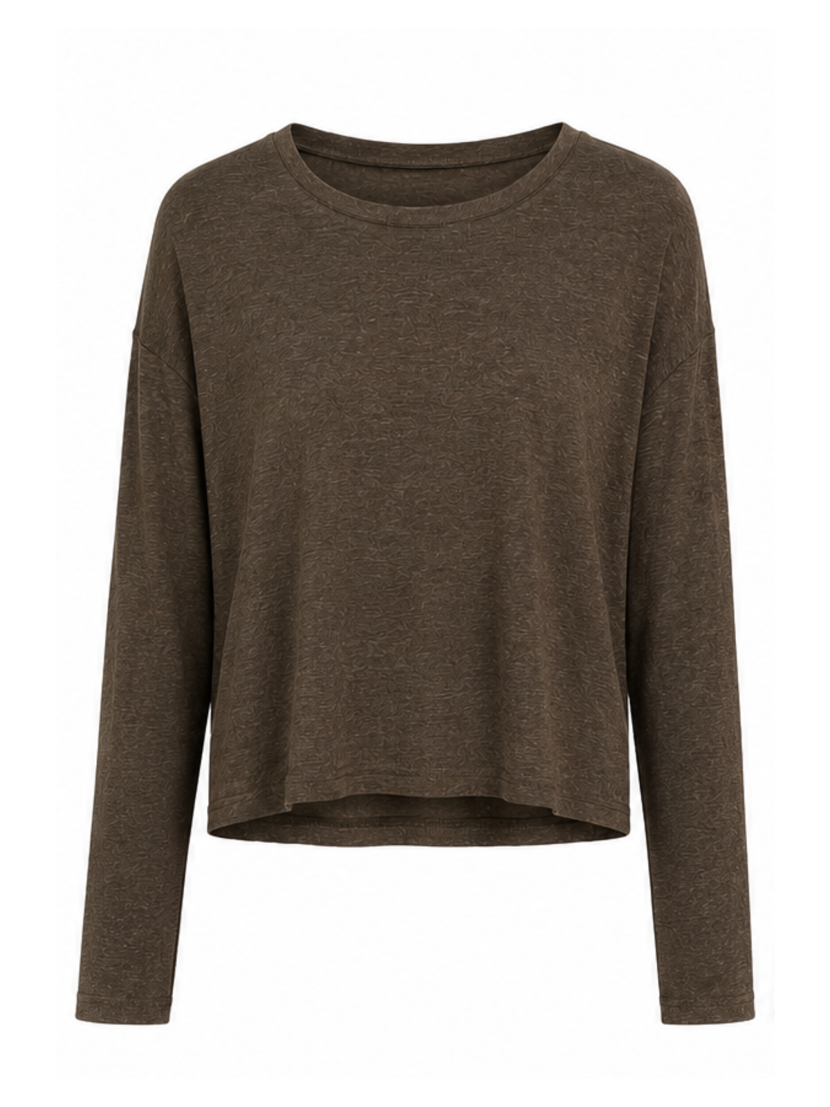A dark brown long-sleeve knit top with a relaxed, cropped fit and a crew neckline, shown against a plain white background.