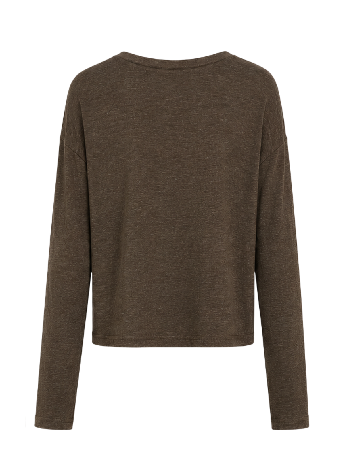 A dark brown long-sleeve knit top with a crew neck, shown from the back on a plain white background.