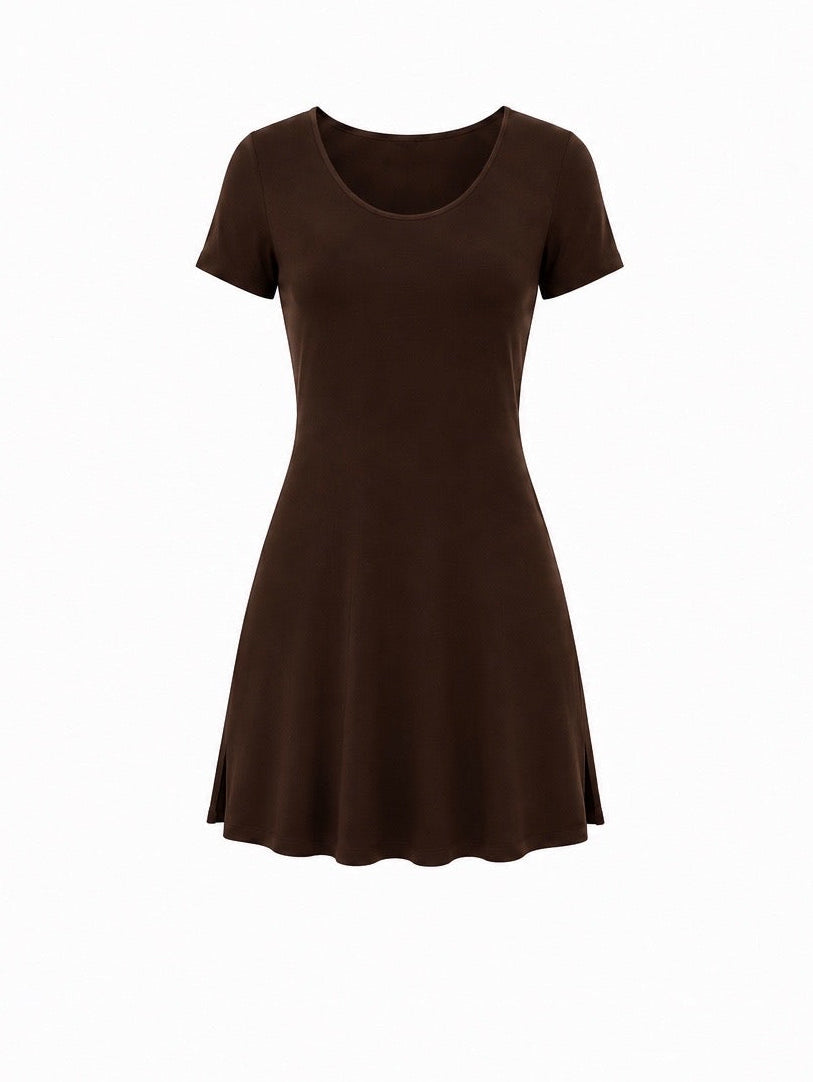 Bamboo Short Slv Scoop Neck Mini Dress - Cocoa