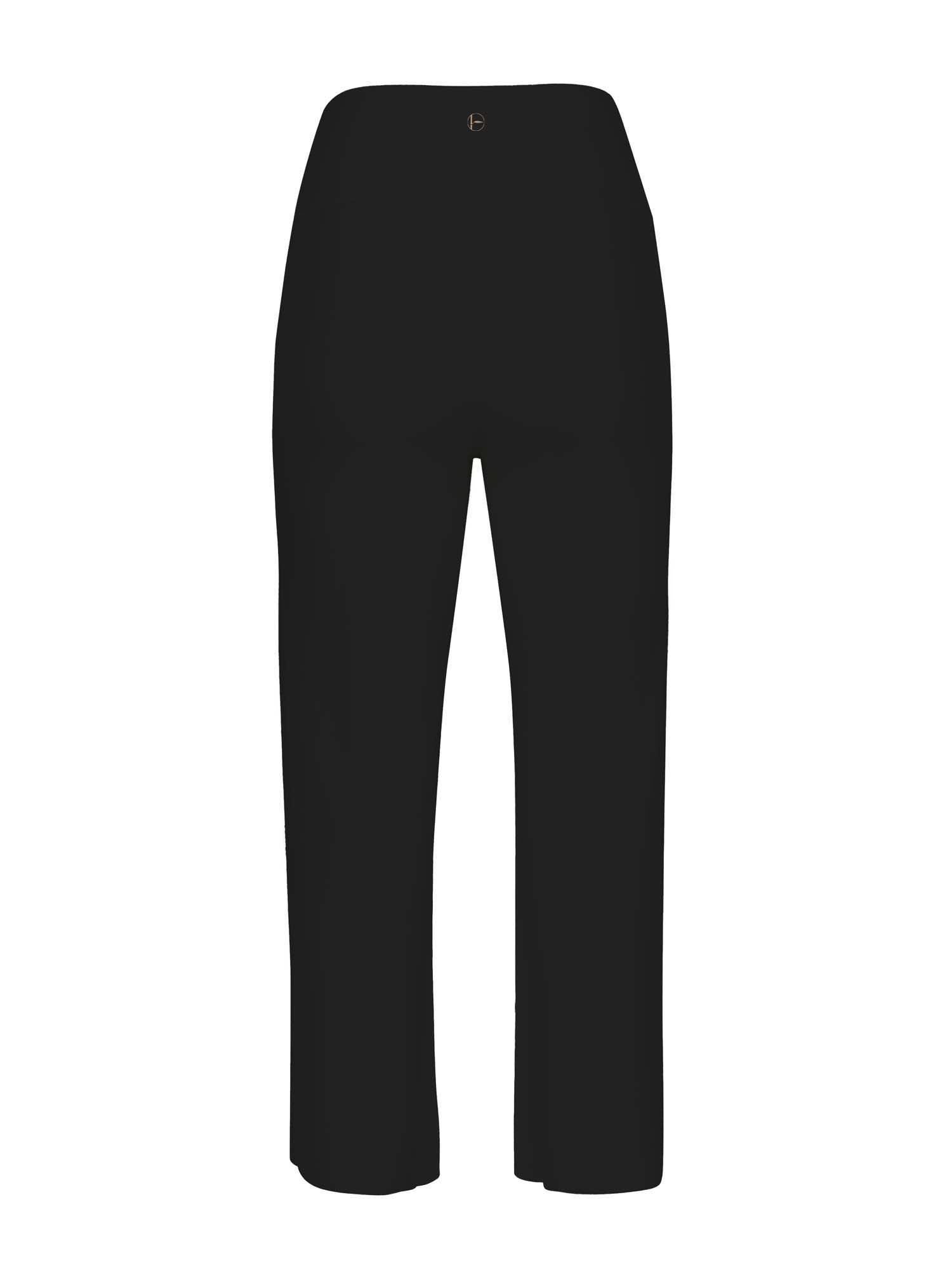 Model wearing black 7/8 length resort pants, double layered adjustable high waistband, classic design, women's bamboo clothing
