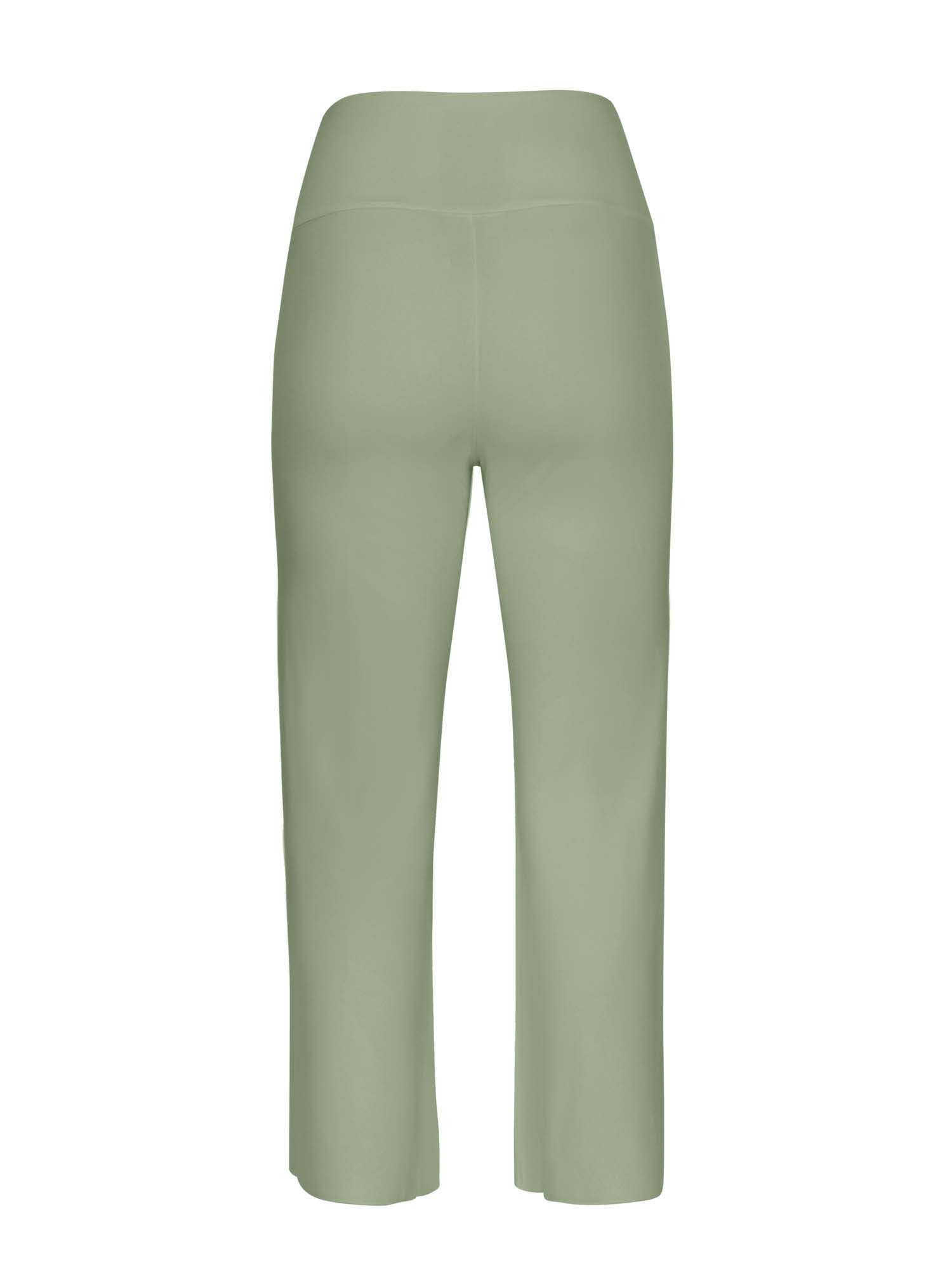 Model wearing eucalyptus green 7/8 length resort pants, double layered adjustible high waistband, classic design, women's bamboo clothing